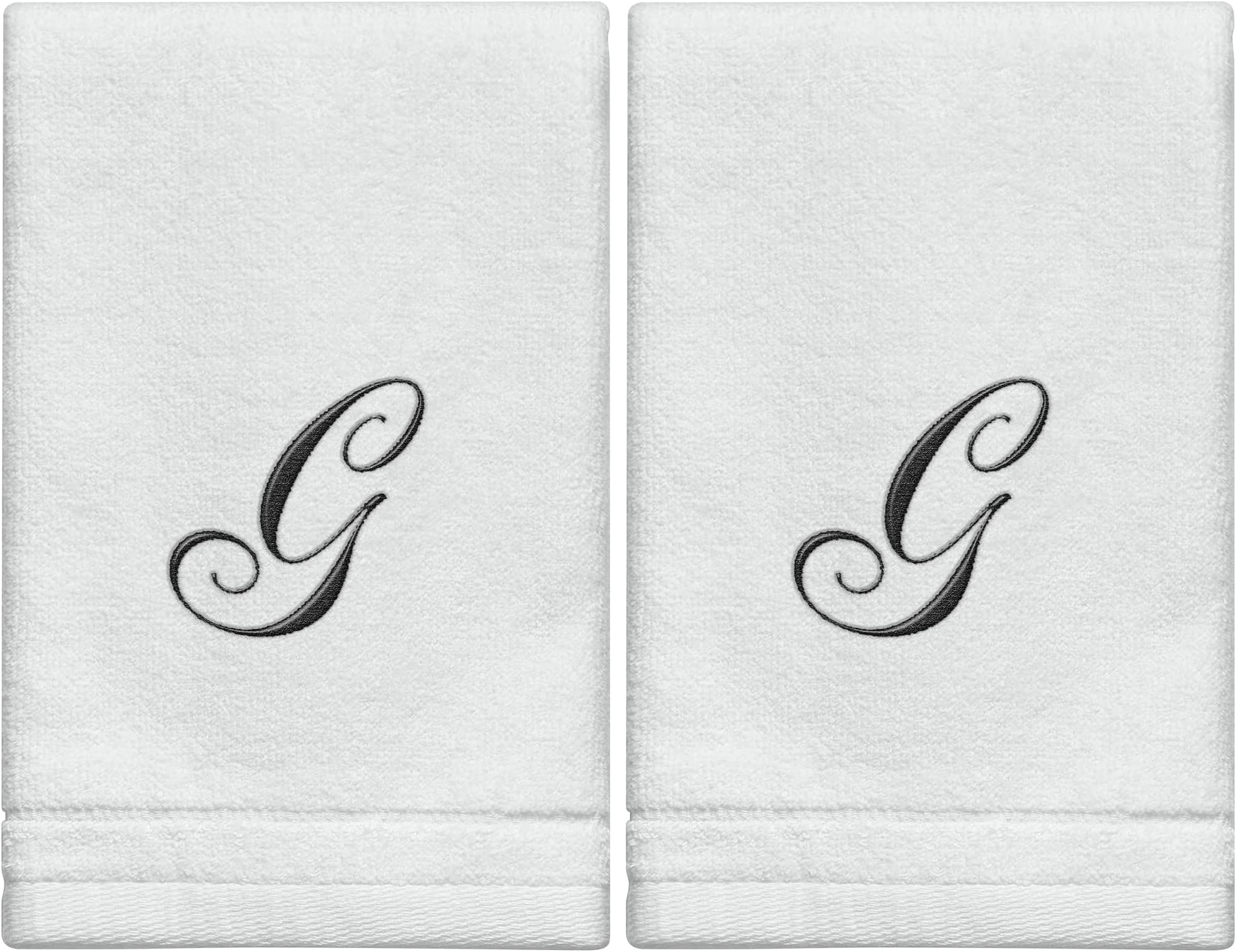 Monogrammed Towels Fingertip, Personalized Gift, 11 x 18 Inches - Set of 2- Black Embroidered Towel - Extra Absorbent 100% Cotton- Soft Velour Finish - For Bathroom/ Kitchen/ Spa- Initial G (White)