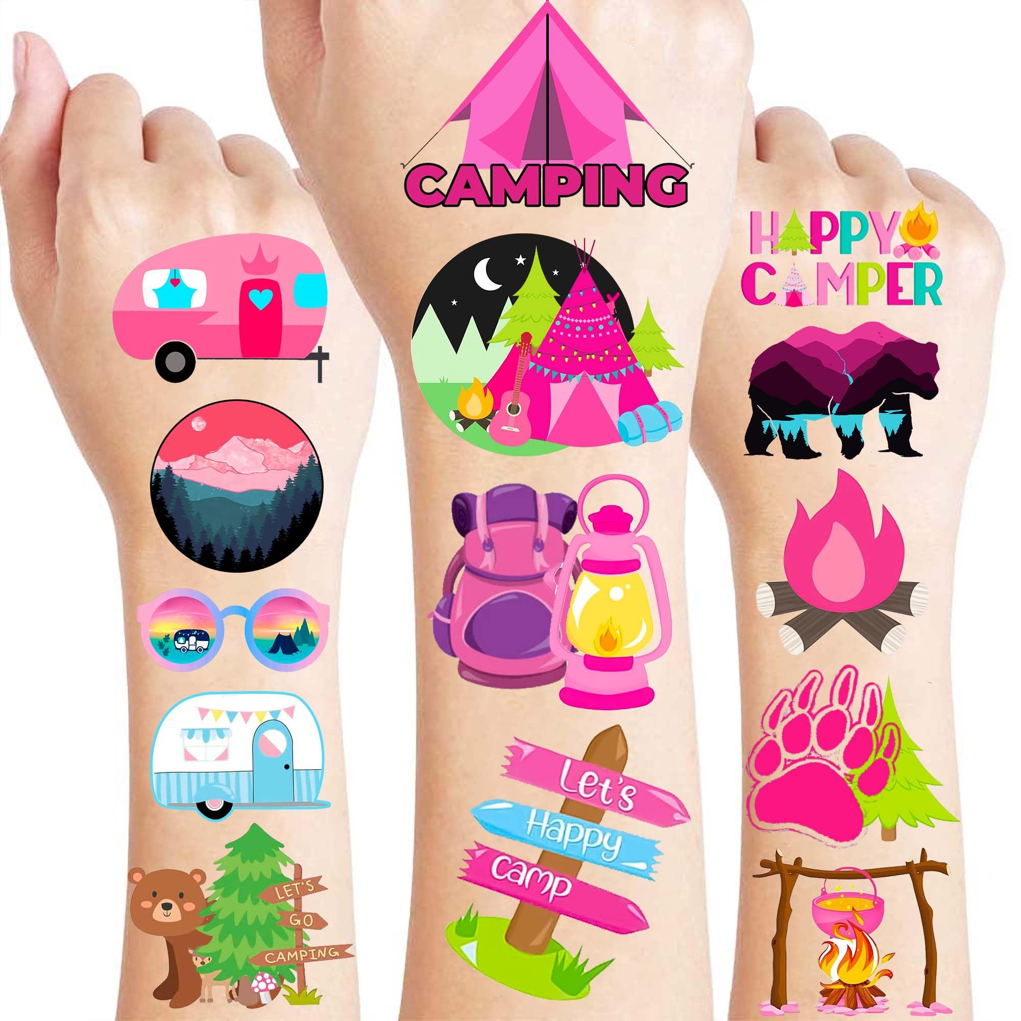96 PCS Pink Girl Camping Temporary Tattoos – Glamping Birthday Party Decorations & Favors, Outdoor Camp Theme Supplies for Kids Girls, School