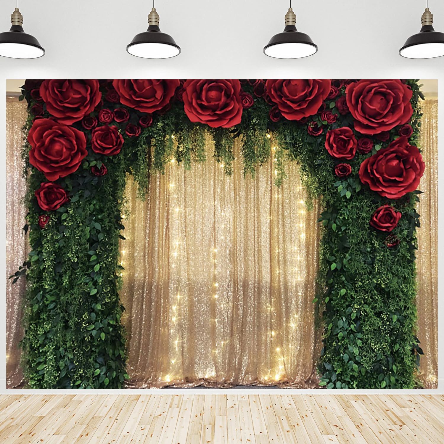 CRTPOD 7x5ft Golden Glitter Backdrop for Photography Green Leaf Wall Arch Red Rose Background for Birthday Party Decor Wedding Anniversary Banner