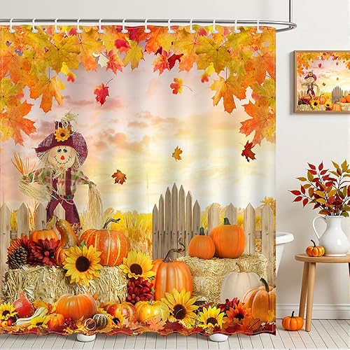 Miniatura 2 de Mocsicka Cortina de ducha de otoño, espantapájaros, calabaza, hojas lisas, girasol, linda cortina de ducha de otoño, cortina de baño de Acción de