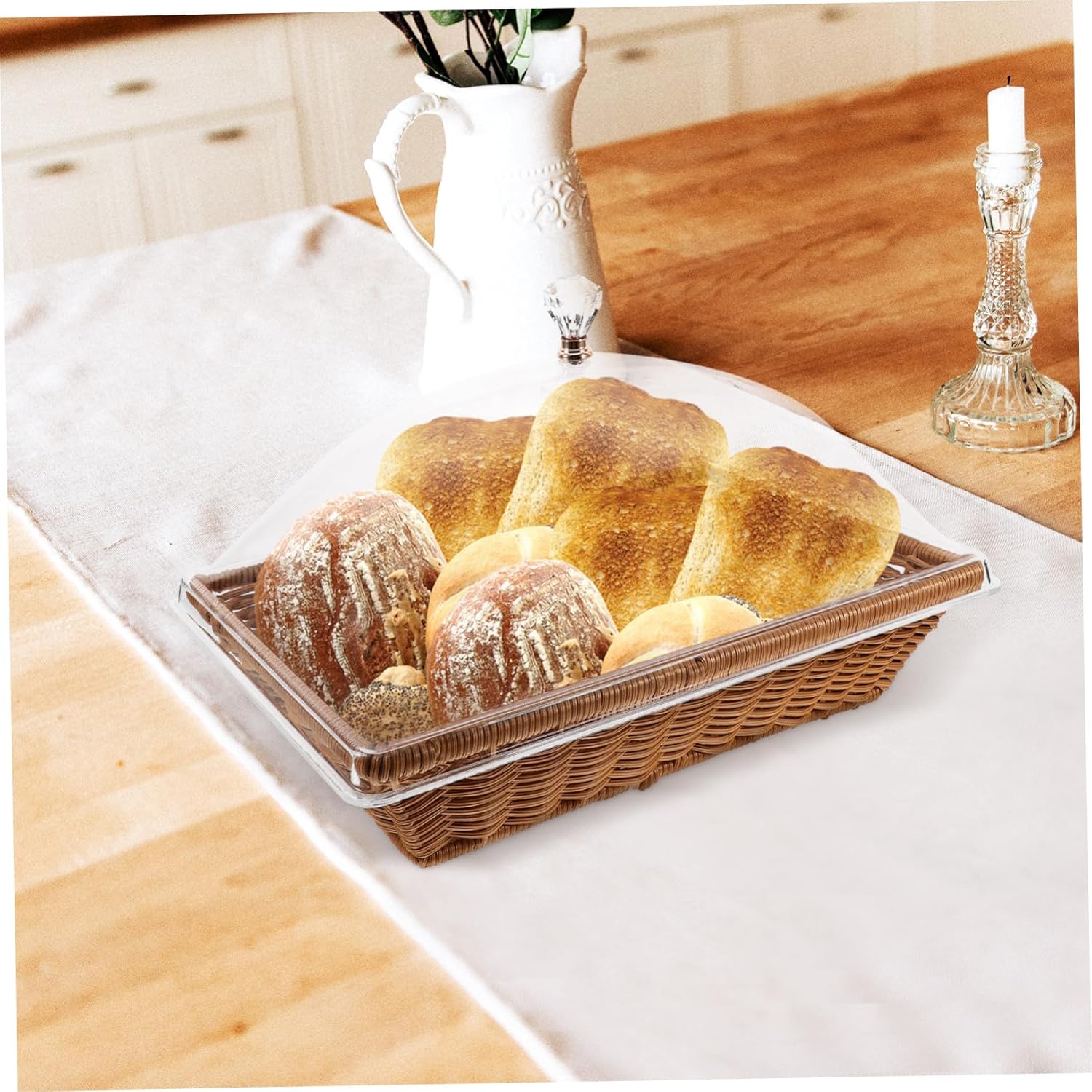 Uonlytech Woven Bread Basket with Transparent Lid for Food Serving and Storage Medium Square Tabletop Basket for Bread Fruits Desserts for Home Kitchen Parties and Restaurants