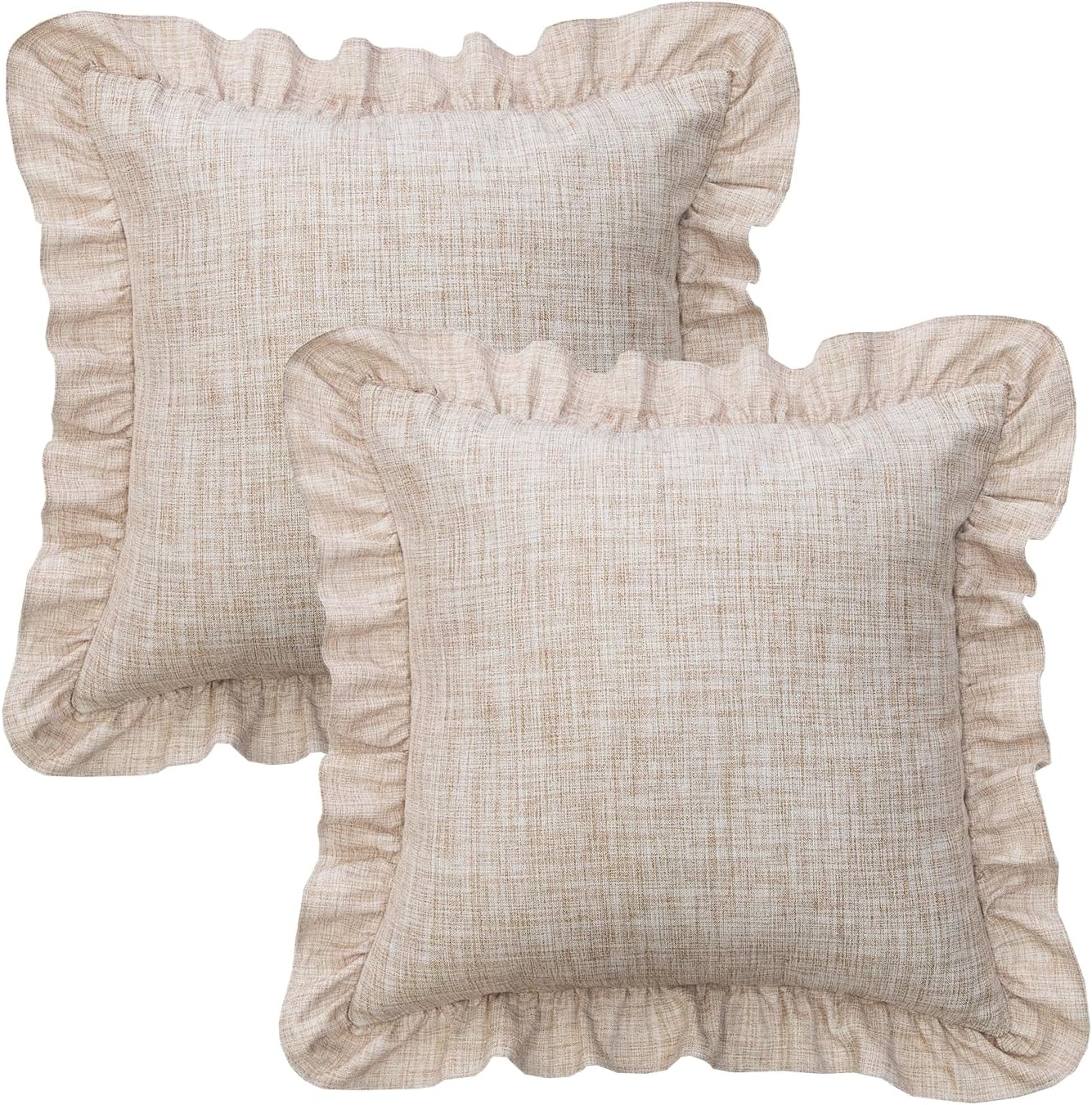 GLORY SEASON Rustic Throw Pillow Covers Set of 2 Classic Linen Style Fabric Decorative Pillow Cases Retro Ruffle Flounces Trim Cushion Case for Sofa Couch Bedroom Decor Linen 18x18 Inch