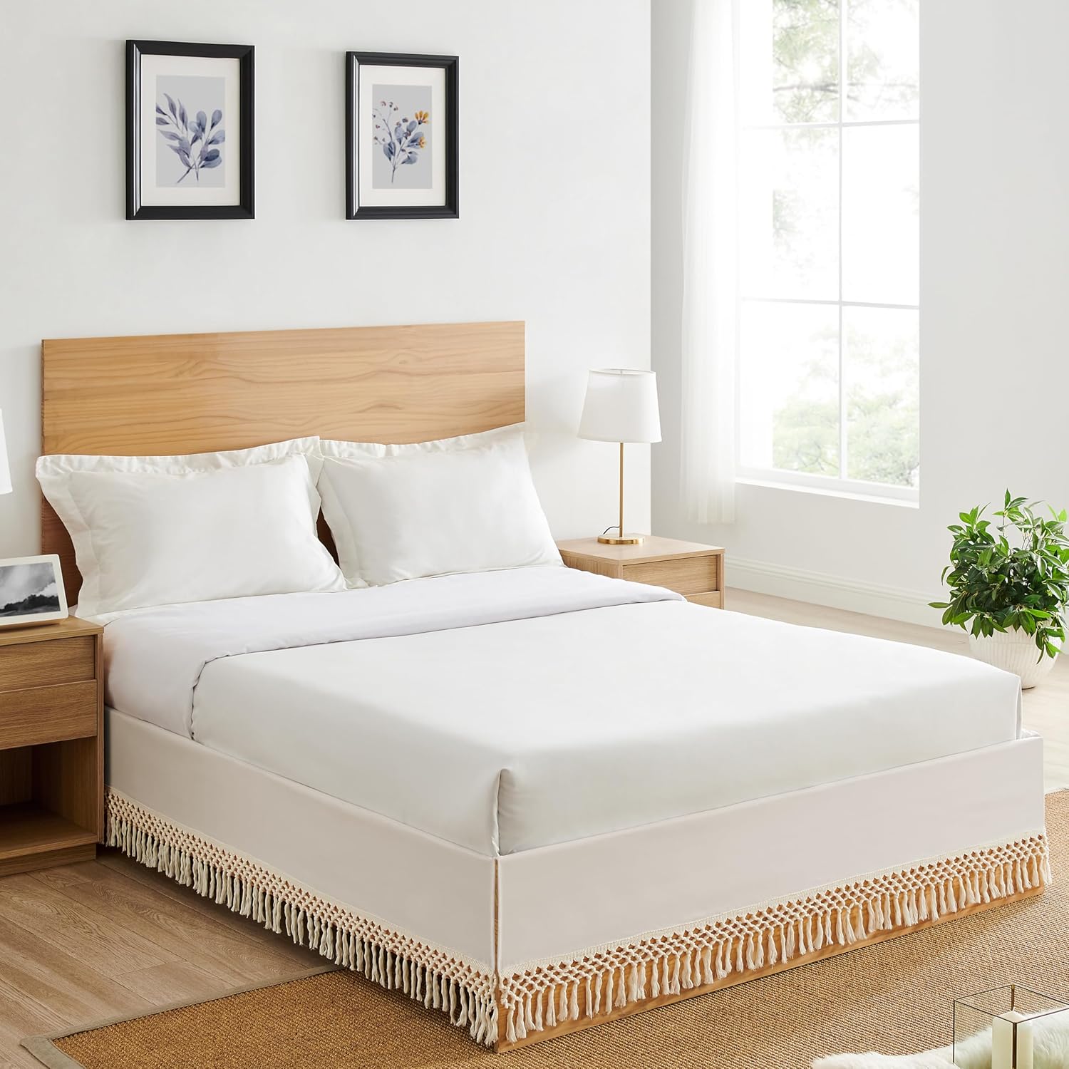 Minimalist Macrame Boho Chic Solid Ivory 60x80 Full/Queen Size Bed Skirt with 14" Drop Luxury Cream Fringe Knotted Cotton Tassel Decorative Dorm Teen Home Bedroom Decor Dust Ruffle College Washable