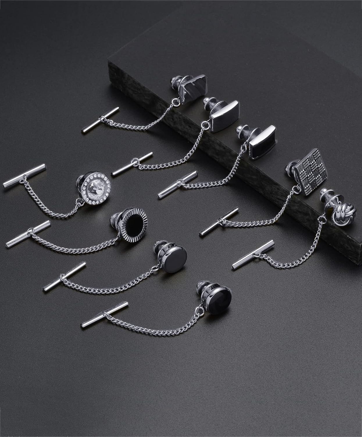 9Pcs Tie Pins for Men with Chain Tie Tack Clutch for Wedding Meeting Party Business Jewelry