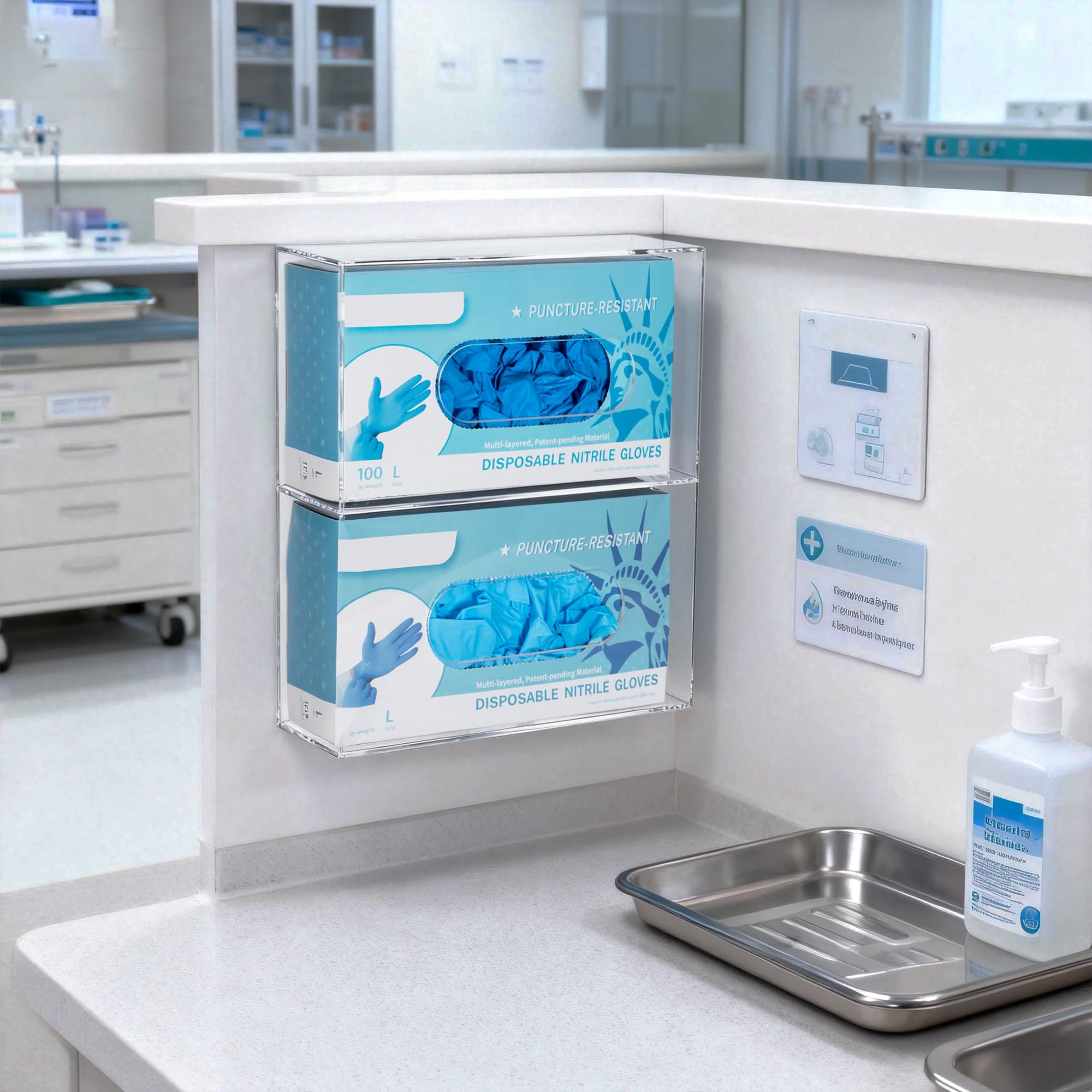 Porta dispenser per guanti in acrilico, a parete, doppio guanto per medicina, lattice, gomma, nitrile, esame, scatole per guanti usa e getta, per tessuti, trasparente