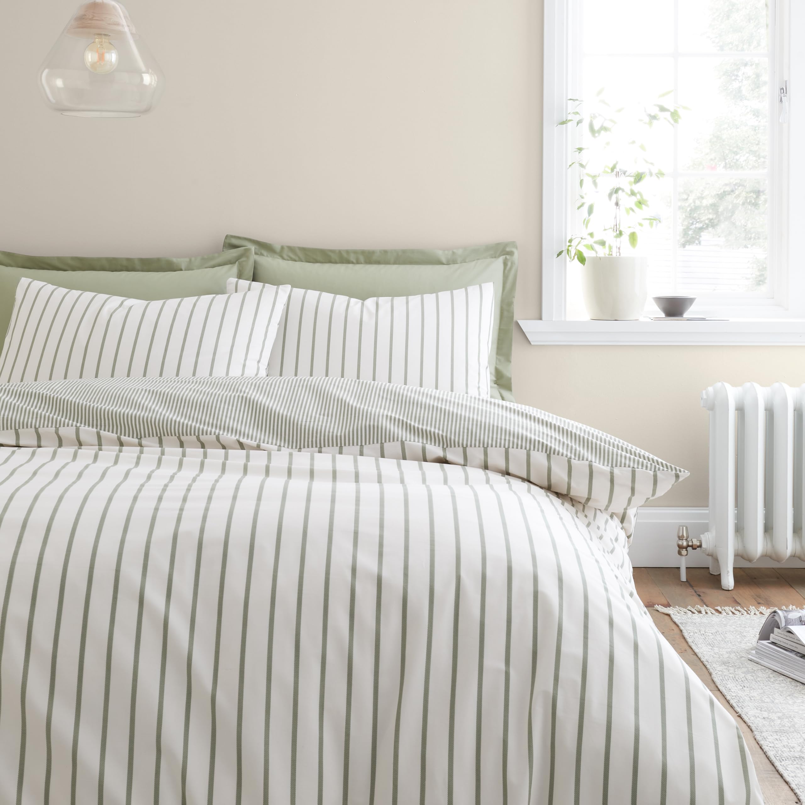 Bianca Green Hampton Stripe 200 Thread Count Cotton Reversible Duvet Cover Set - Double