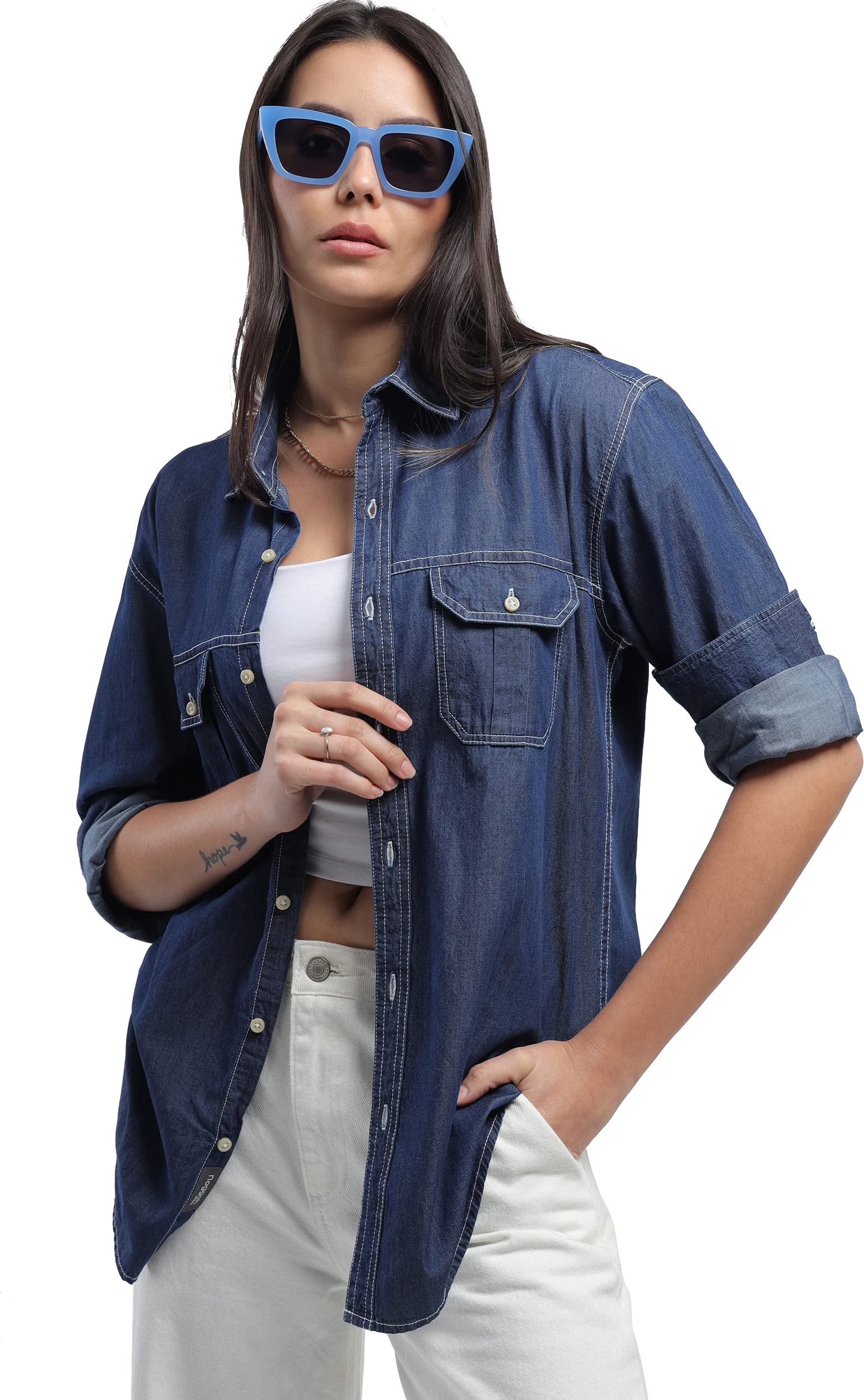 Noggah Solid Blue Full Sleeves Classic Collar Denim Shirts Women