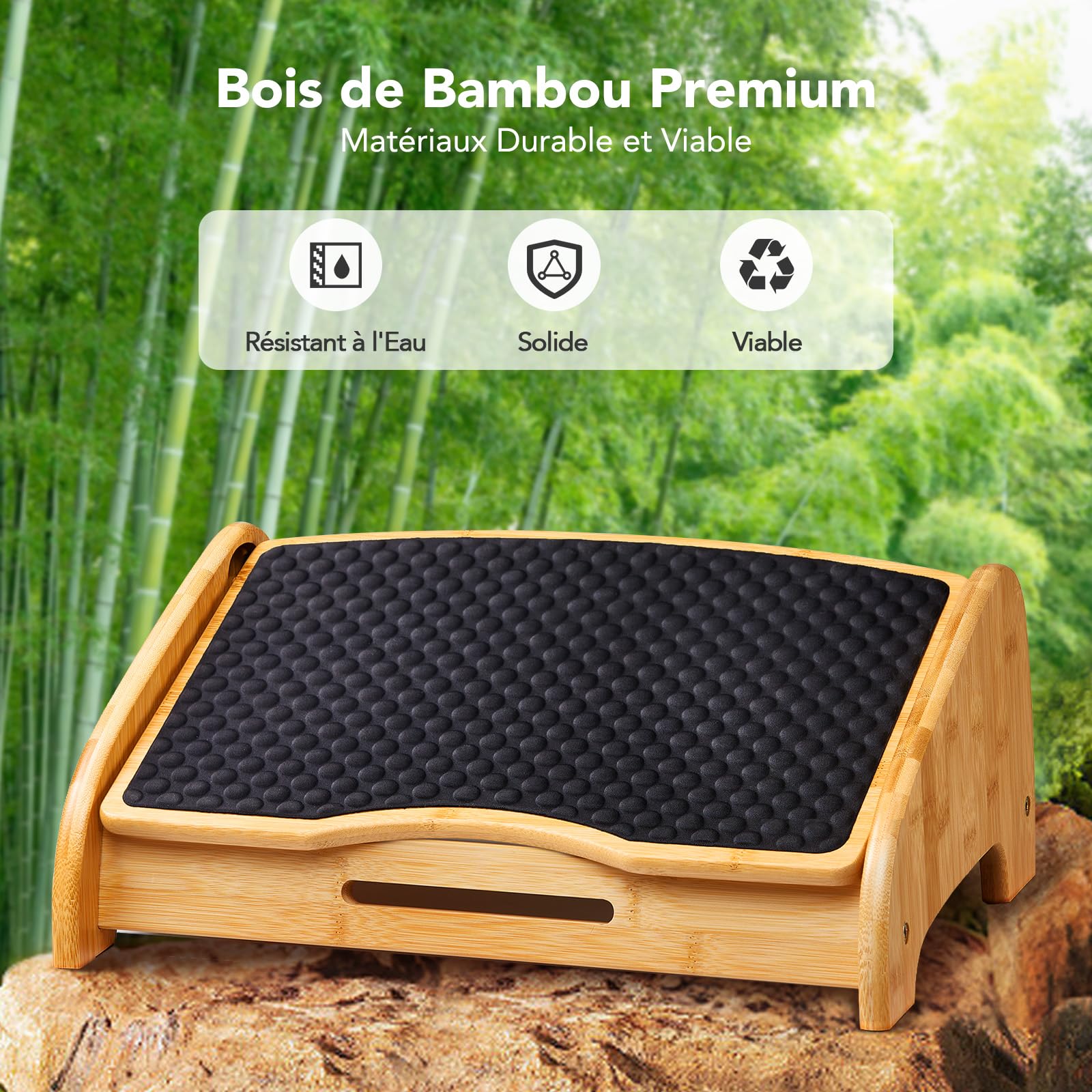 HUANUO Repose pieds bureau en bois bambou, repose pieds ergonomique avec 4 hauteurs & angles ajustables,surface massage en galets, repose pieds bureau antidérapant, meilleure posture maison & bureau