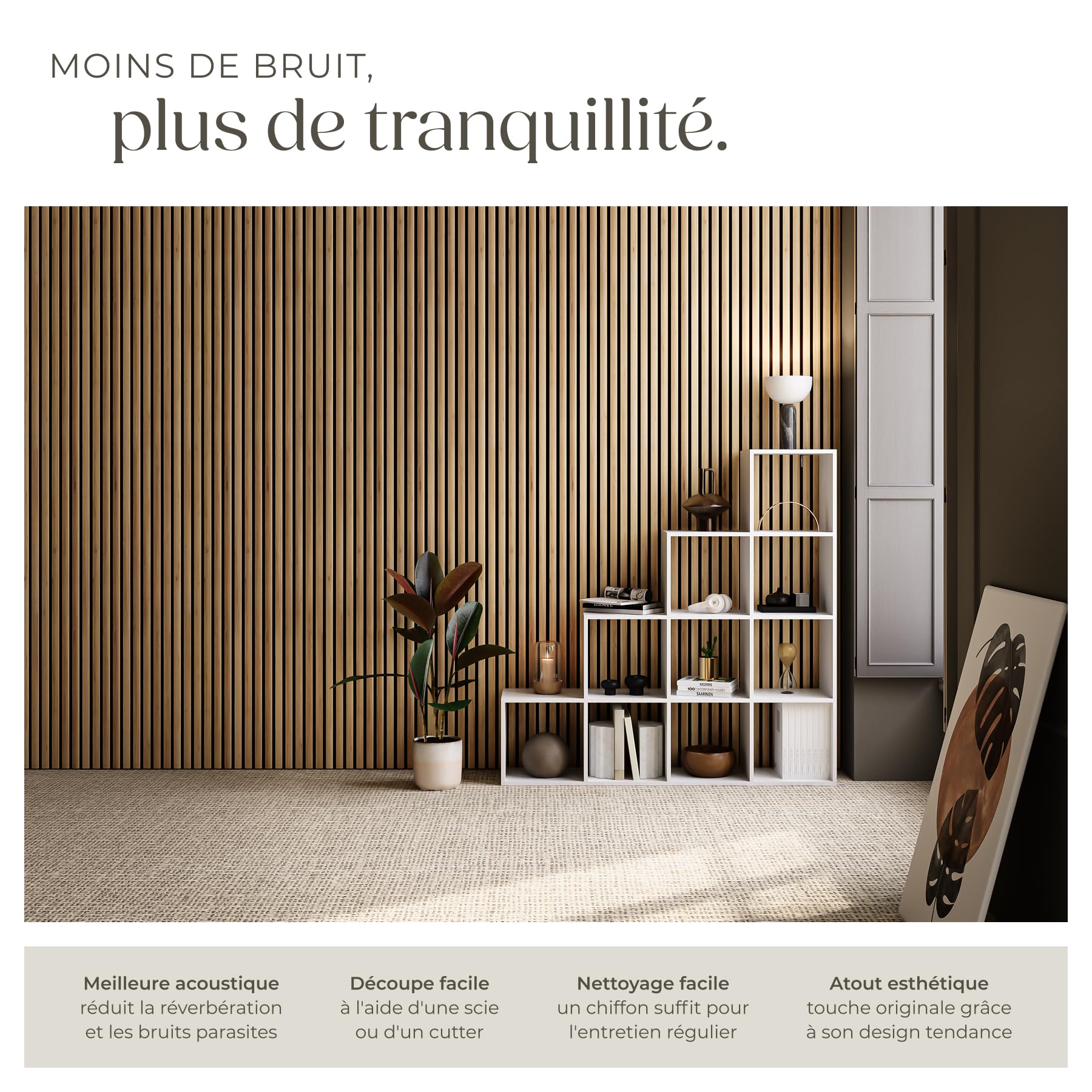 tectake® Lot de 4 Panneaux Acoustiques muraux et pour plafond, en Bois MDF, 110 x 50 x 1,8 cm, Feutre insonorisant, Panneau Mural decoratif pour Isolation phonique Chambre, Bureau, Studio de musique