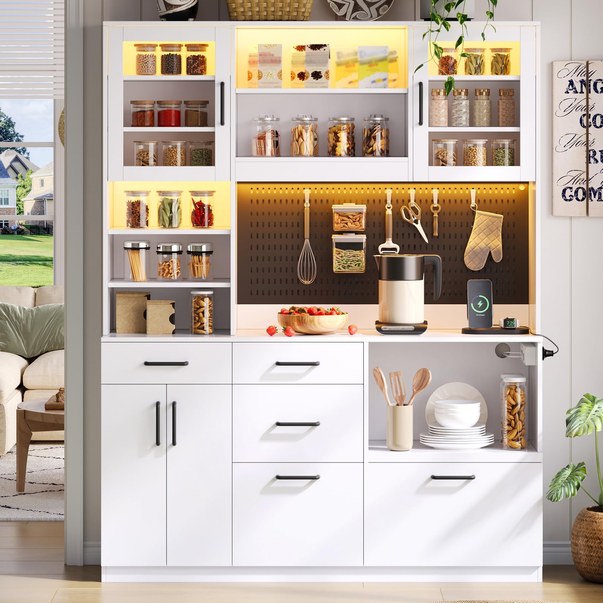 Meuble de Cuisine Multifonctionnel avec éclairage LED,Rangement Buffet avec tiroirs et étagères réglables,vaisselier Moderne Blanc 185x145x40 cm–Prise électrique et Ports USB intégrés