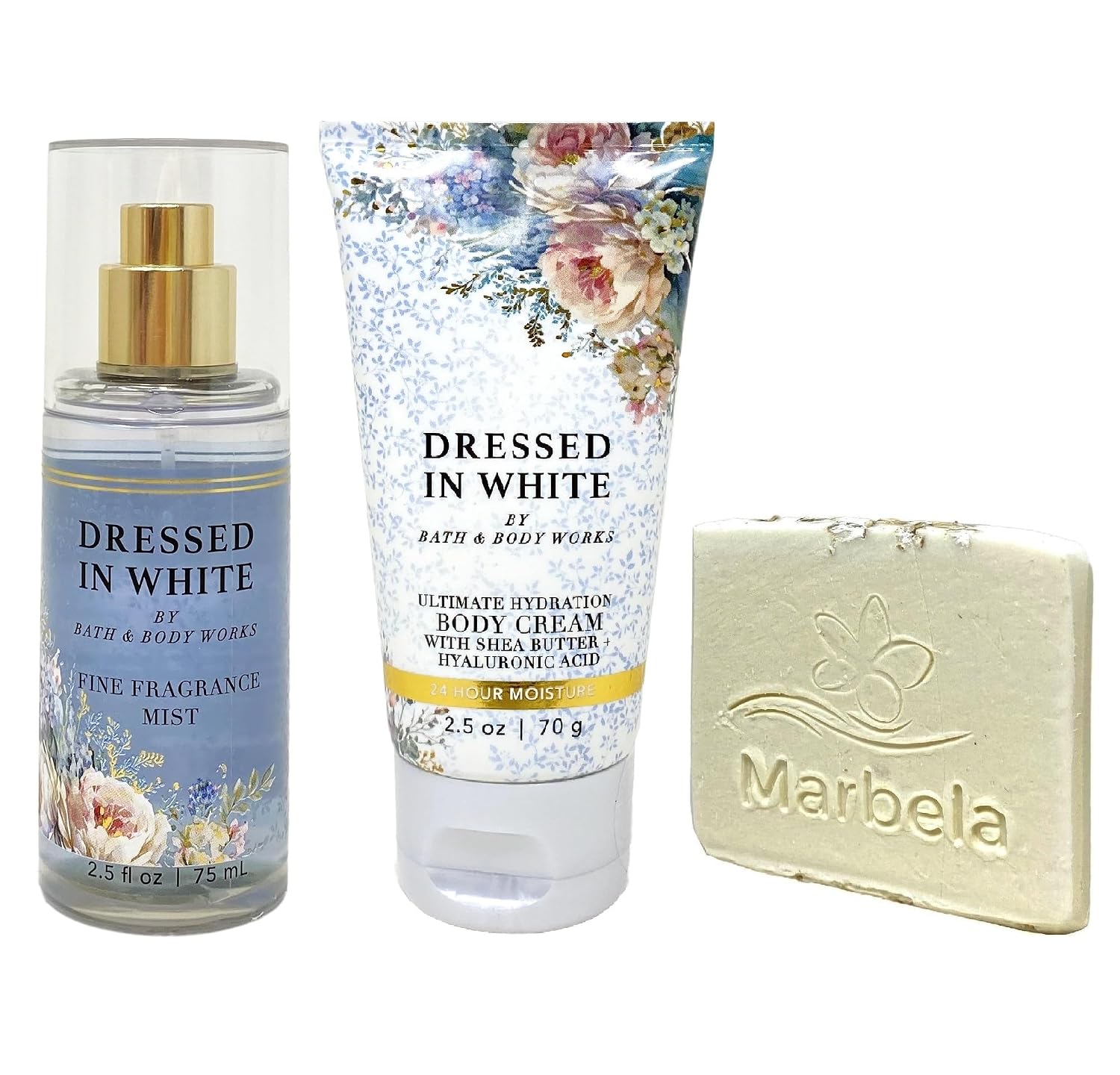 Bath & Body Works Dressed In White - Fine Fragrance Mist And Ultimate Hydration Body Cream with Natural Oats Soap Sample - Travel size