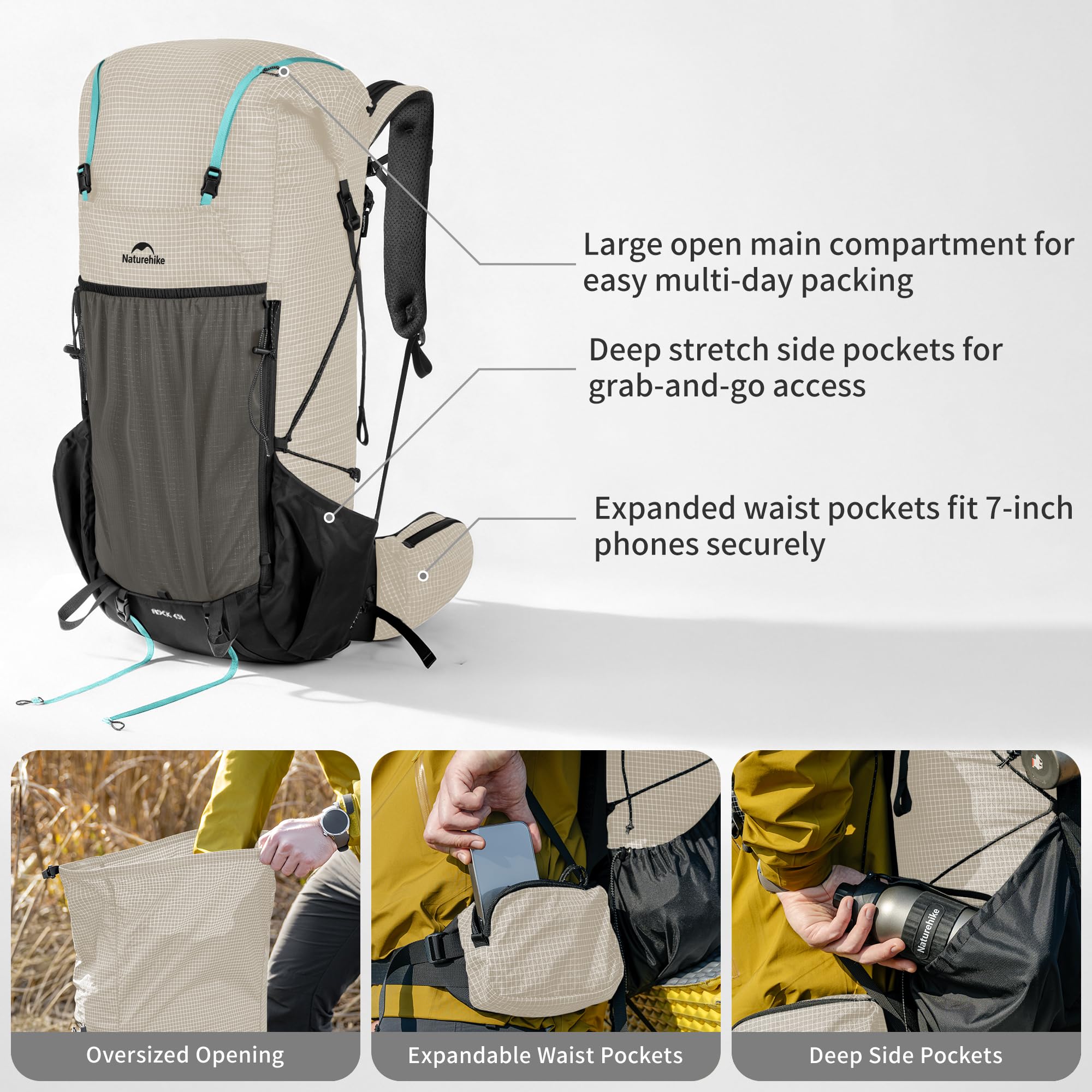 Naturehike Rock 2.0 ulepszony plecak 30/45/60 l wewnętrzna rama plecak turystyczny mężczyźni kobiety z osłoną przeciwdeszczową plecaki trekkingowe na zewnątrz kemping podróże z plecakiem, Biały, 30l/M