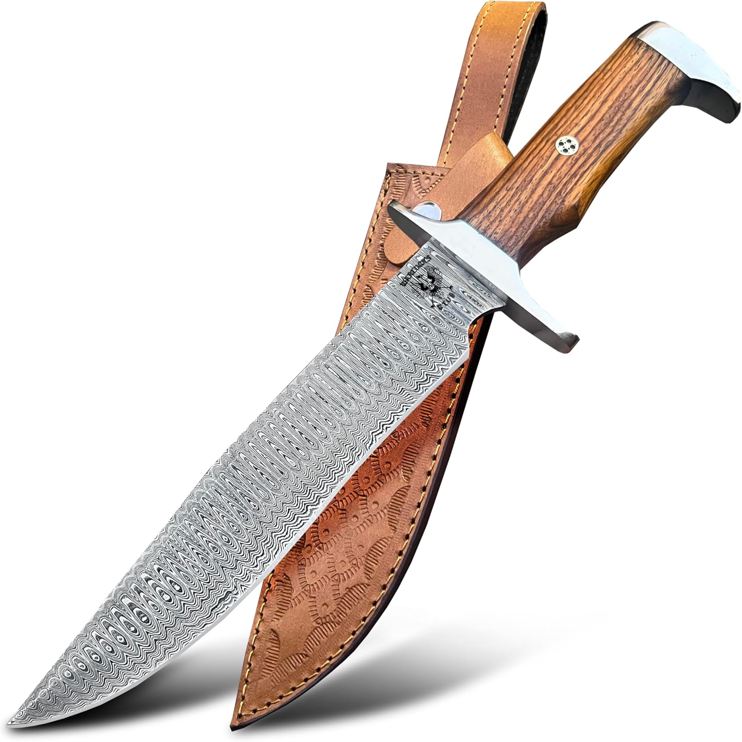 Damascus Fixed Blade Knife with Sheath - Handcrafted Full Tang Bowie Knife for Camping