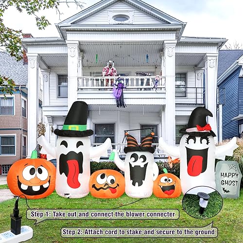 Miniatura 3 de PETUOL Fantasmas inflables de Halloween de 8 pies de largo, decoración iluminada de Halloween, fantasmas blancos con calabazas y lápida para