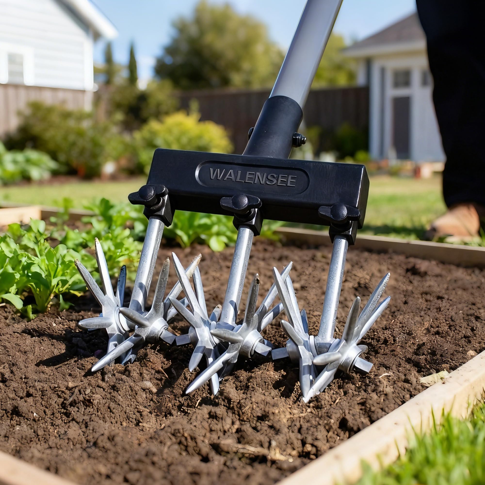 Walensee Rotierender Gartenkultivator, Verstellbare Handfräse mit Teleskopstiel, Rostfreie Sternräder zum Auflockern des Bodens, Jäten & Belüften des Rasens, Leichtes Gartenwerkzeug