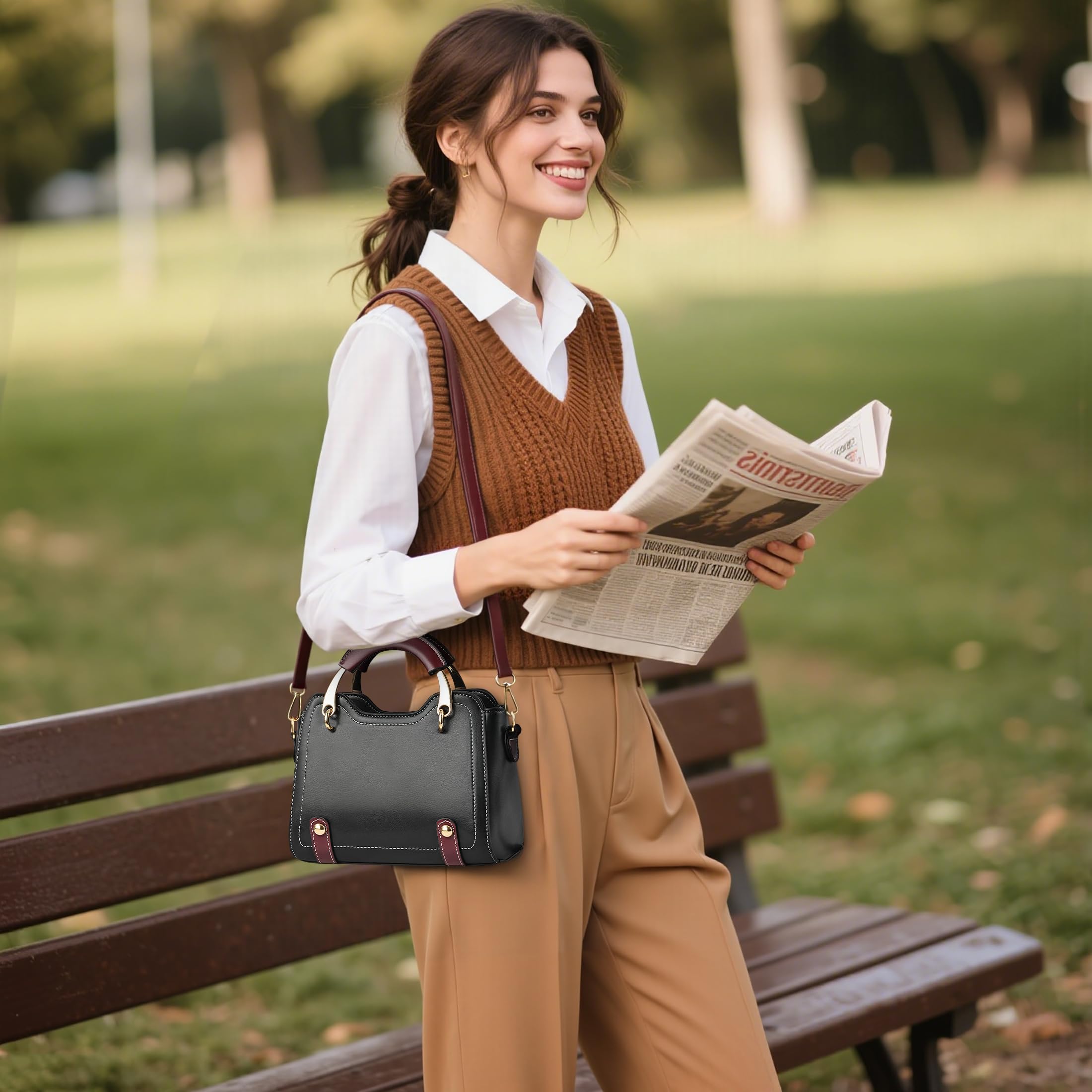 Elégant Sac à Main Petit Femme Sac à Bandoulière Mode Sacoche Cabas Retro Casual Sacs Porté Epaule Cuir PU Sac Fourre-Tout pour Travail Voyage Dating Shopping Noir