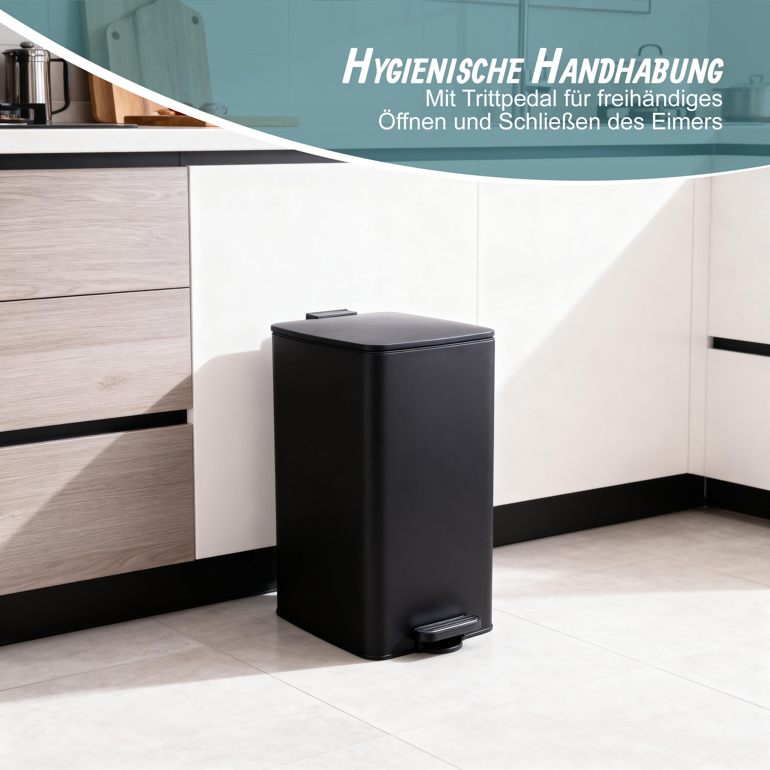 Relaxdays Mülleimer Küche, 30 Liter, Absenkautomatik, entnehmbarer Inneneimer, Mattes Metall, eckiger Treteimer, schwarz