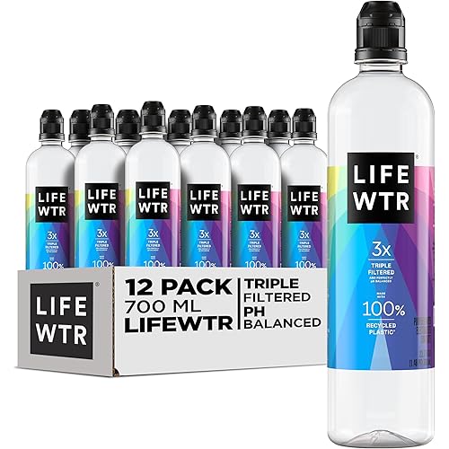 LIFEWTR Premium Purified Water, pH Balanced with Electrolytes, 100% recycled plastic bottles, 23.7 Fl Oz Flip Cap Bottles, 700 mL (Pack of 12)