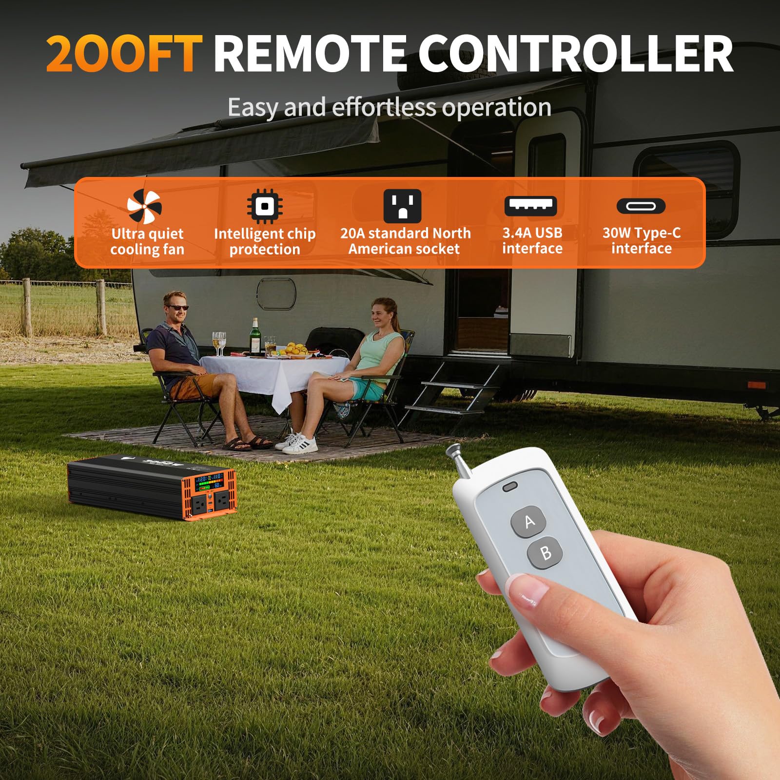 Falownik o mocy 3000 W, konwerter samochodowy/domowy 12 V DC na 110 V AC, z wyświetlaczem LED, podwójne gniazdo AC, port USB, dwa inteligentne wentylatory, kable w zestawie, pasuje do domu