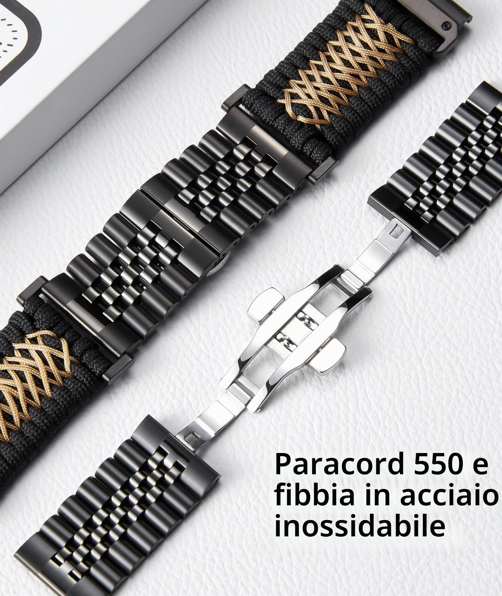 BINLUN Compatibile con Garmin Cinturino 22mm 26mm Paracord 550 Intrecciato Acciaio Cinturini per Orologio Nero Kaki Compatibile con Quickfit Compatibile con Fenix ​​Compatibile con Forerunner
