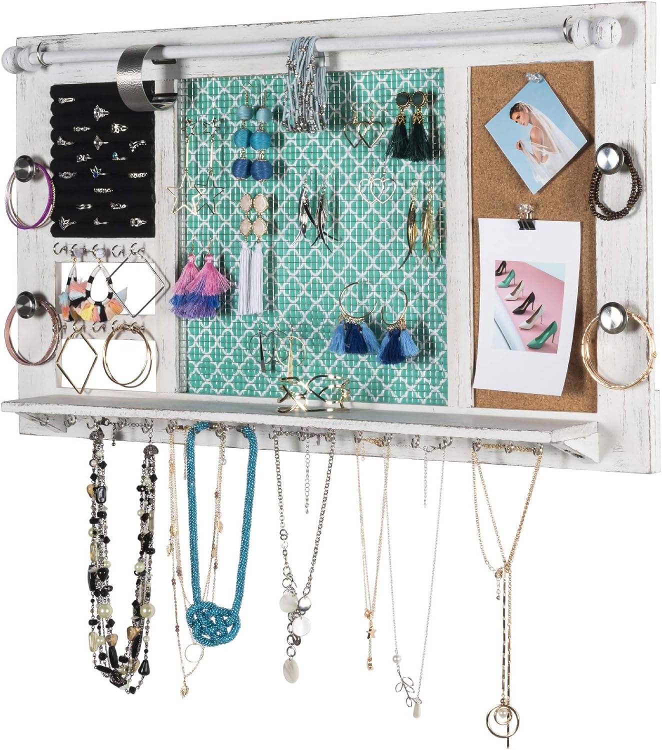 Large Rustic Wall Mounted Jewelry Organizer: 28"x16" Shabby Chic Jewelry Box Alternative Hanging Jewelry Organizer for Earings Necklaces Bracelets Accessories Bangles and Ring Holder (White)