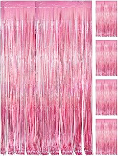 PVEGOS 4PCs 3.3 x 8.3 ft Laser Pink Glitter Tinsel Curtains Foil Curtain Backdrop.Laser Luminescent Particles Foil Fun Fringe Streamers for Party Birthday Decoration,Engagement,School Events