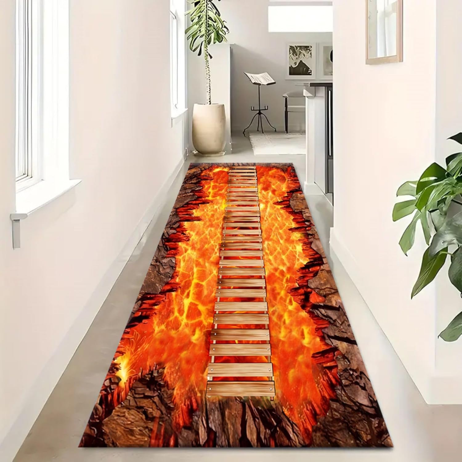 3D Optical Illusion Flame Runner Rug for Hallway 1.3x7ft,Abstract Lava Kitchen Rugs Non Slip Washable,Retro Rock Cracks Suspension Bridge Long Bathroom Rug Laundry Room Runner Rug