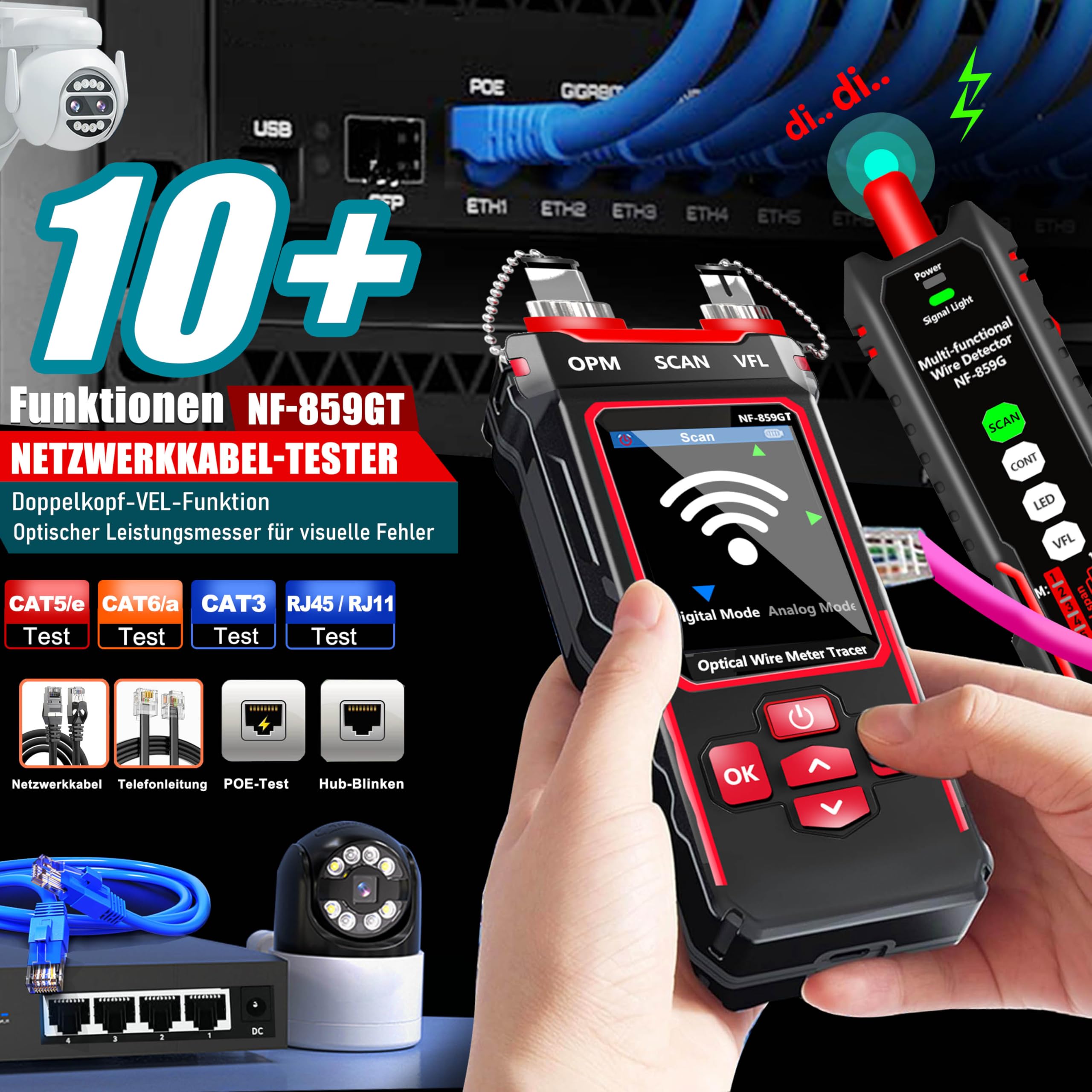Netzwerk-Kabeltester mit optischem Leistungsmesser für RJ45,RJ11,CAT5,CAT6 | Telefonleitungen, CAT3, LAN-Tonprüfer-Kit,Ethernet-Kabeltester,Glasfasertester, VFL,PoE,QC-Test, Kabelsucher NF-859GT YILTION