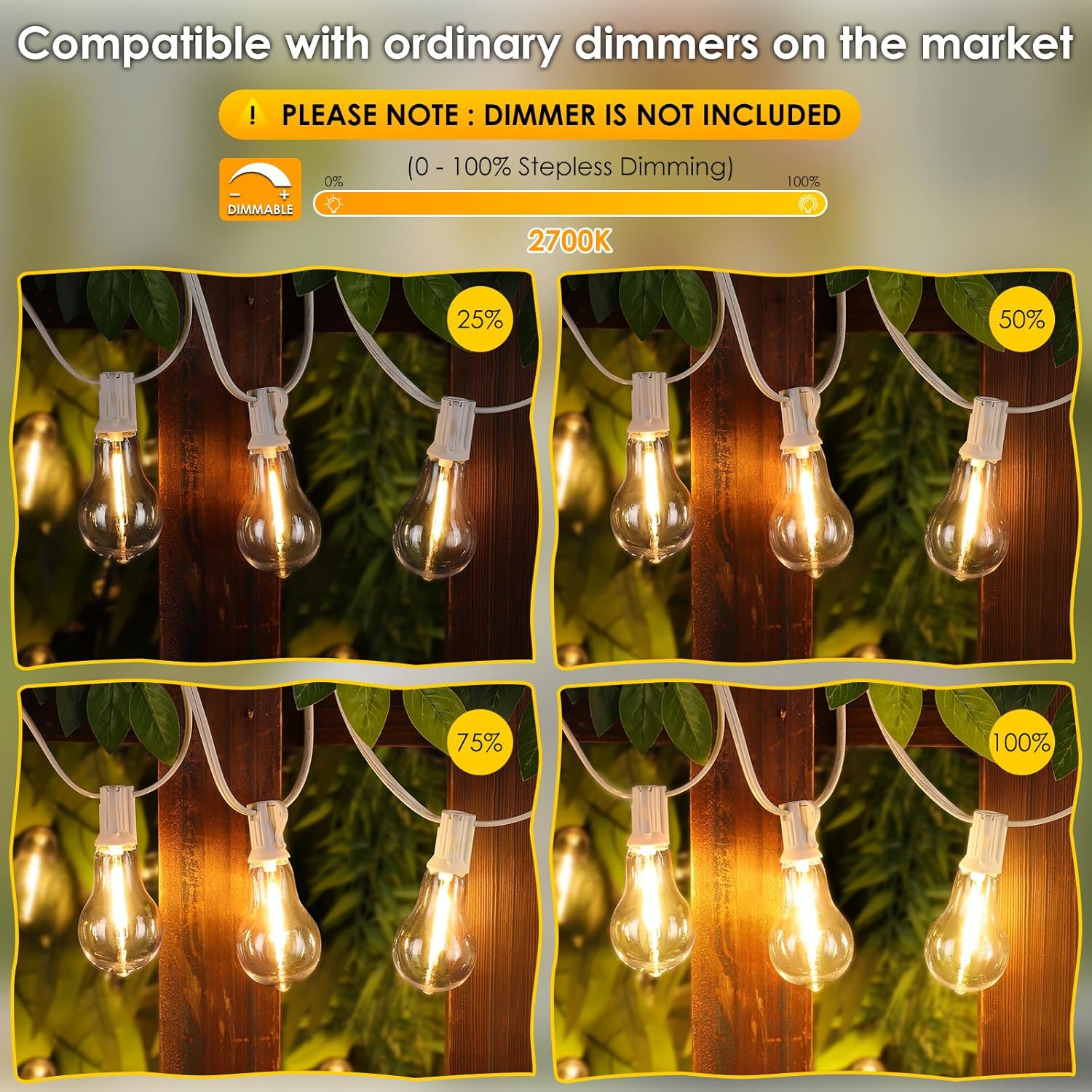 Larkvue 200FT(2x100FT) Outdoor String Lights, LED Patio Lights with 63 Waterproof Shatterproof A39 Dimmable Bulbs(3 Spare) for Deck Yard-2 Pack White