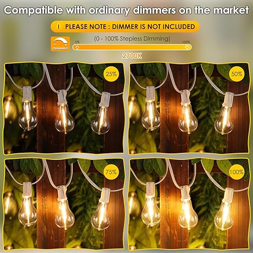 Vista 11 de Guirnalda de luces LED para exteriores de 200 pies (2 x 100 pies), luces LED de patio con 63 bombillas A39 regulables impermeables e inastillables