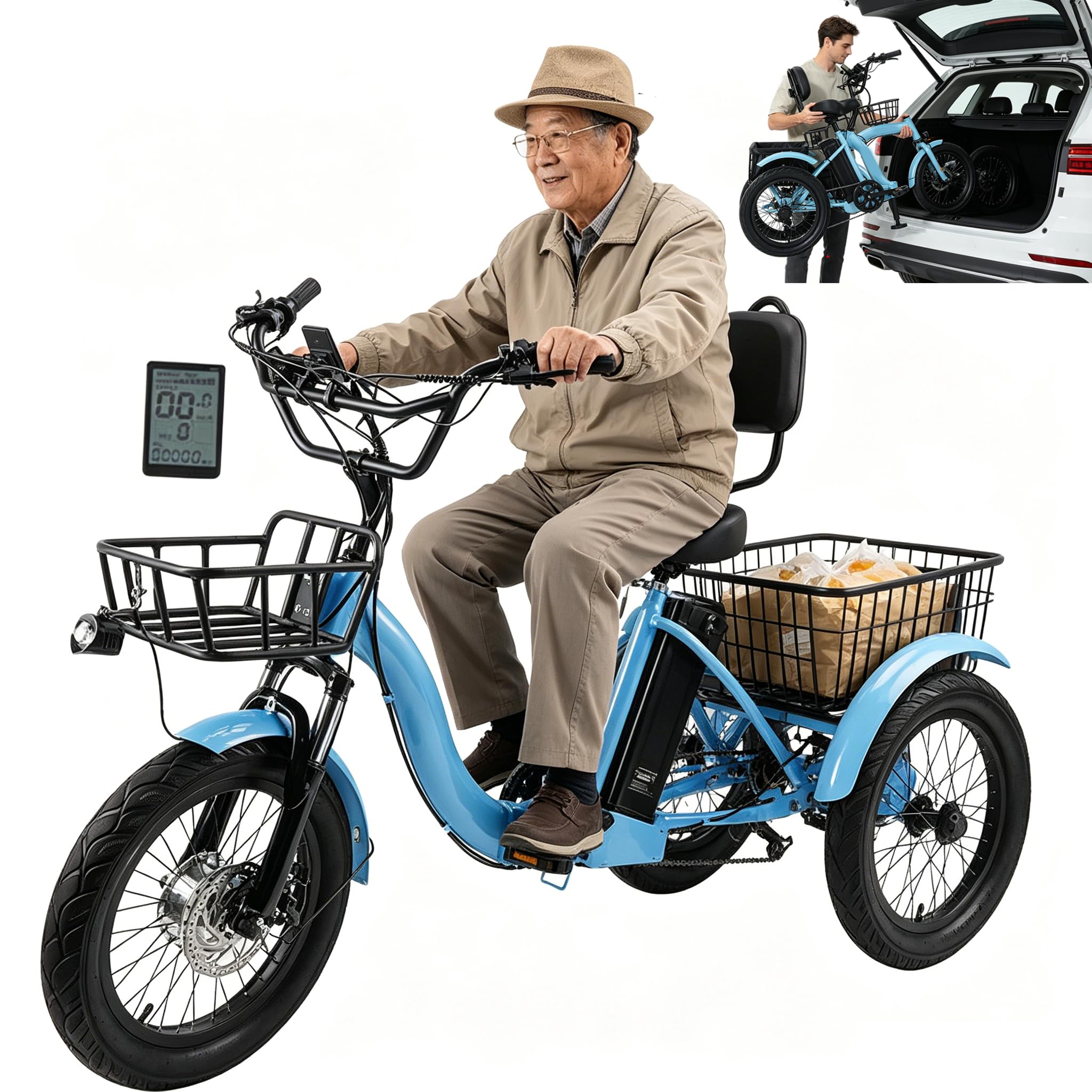 48V 13Ah Folding Electric Tricycle for Adults, 7-Speed, 18" x3.0 Fat Tire Folding E Trike, Front&Rear Basket, Lcd Display, Safety Horn, Led Headlight, 45km Range,3 Modes, Commuter/Cargo Trike Blue