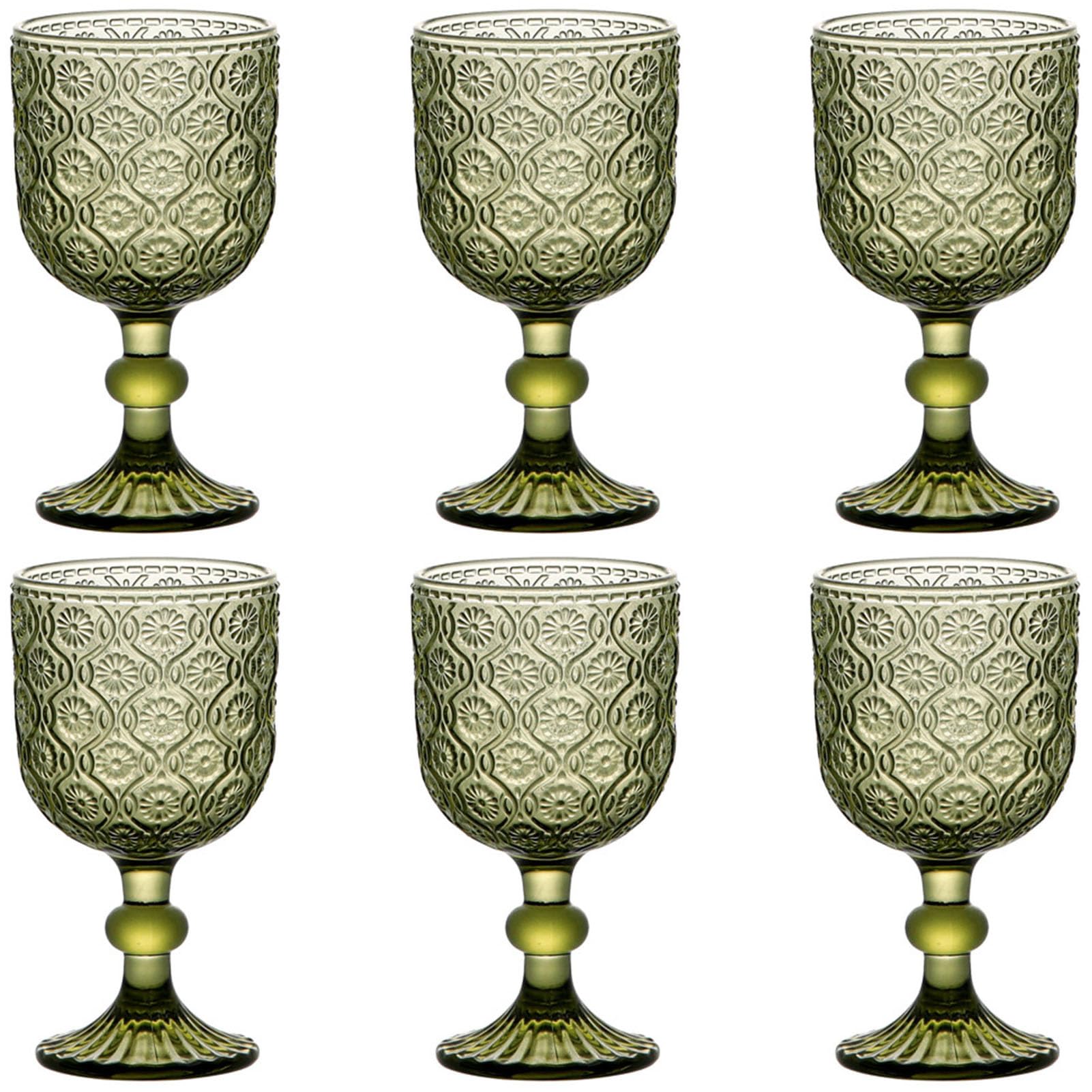 Taganov Green Glasses Drinking Wine Water Goblets Glassware set of 6 Vintage Stemware 12 Ounces for Wedding Party Bar Floral Pattern 350 ml