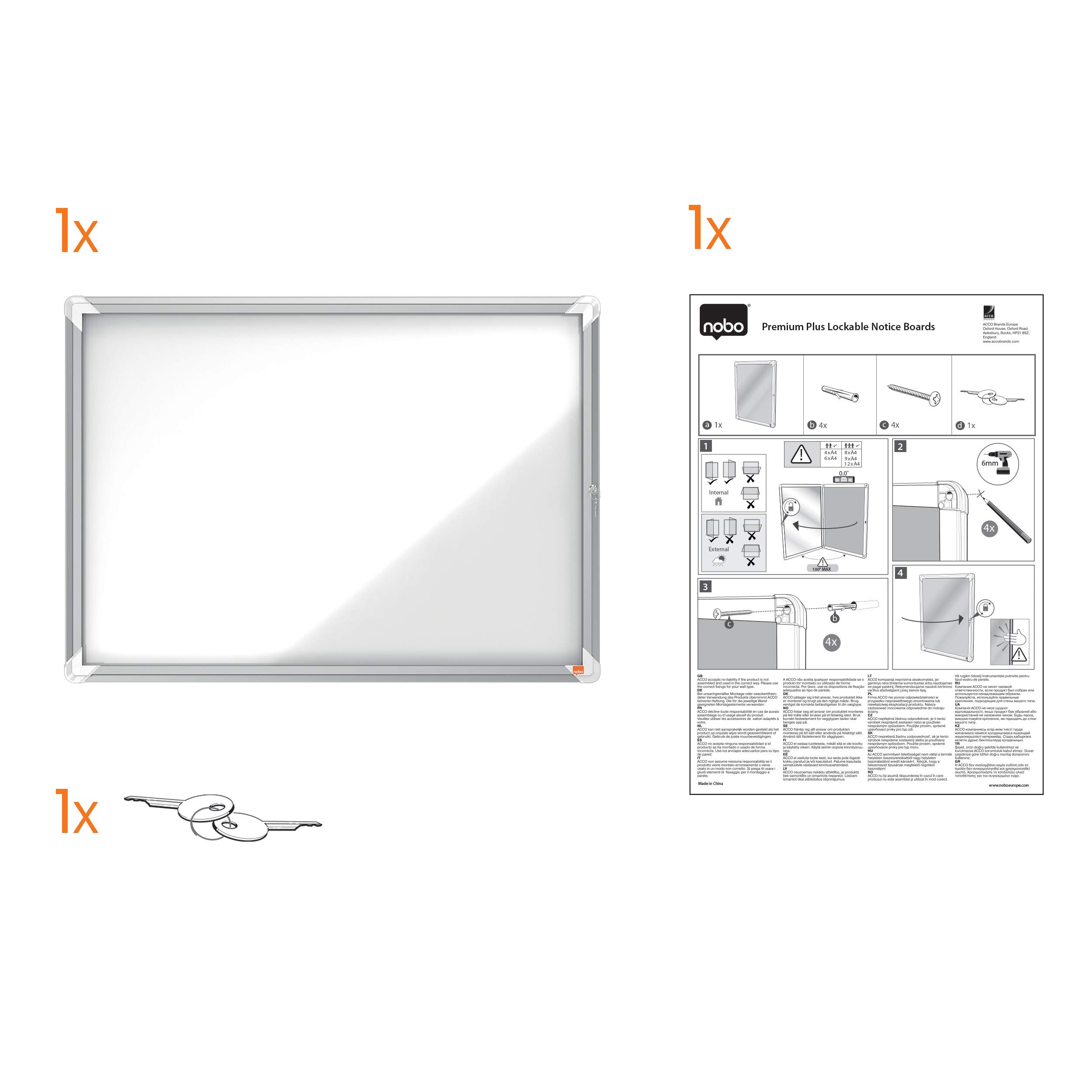 Nobo abschließbarer Schaukasten mit magnetischer Notiztafel, 4 x A4, Premium Plus, Weiß, 1902557