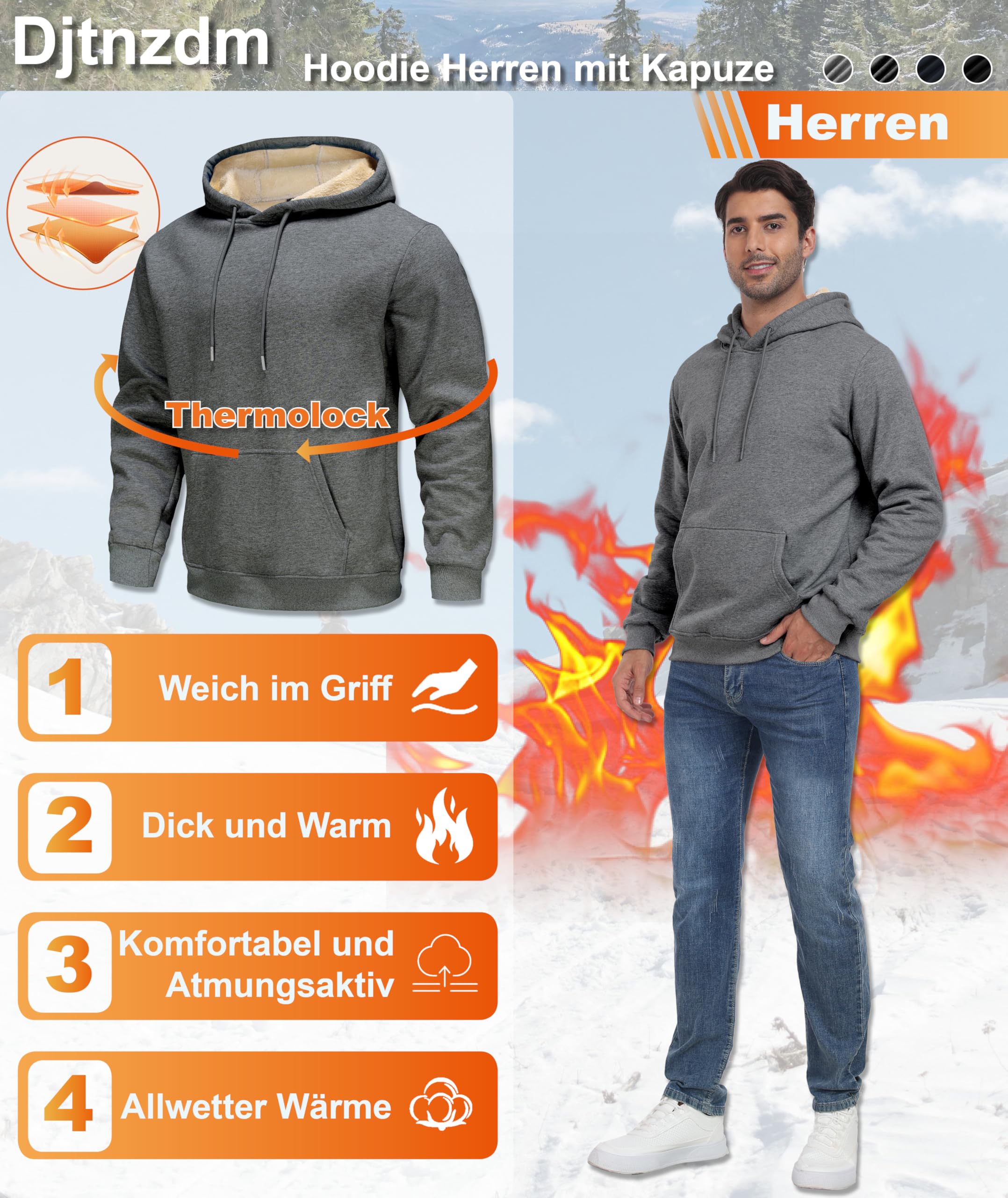 Djtnzdm Felpa Uomo Cappuccio Invernale Termica Sportiva Casual Hoodie Leisure Foderato Felpa Calda Manica Lunga Pullover Giacca in Pile Uomo Sweatshirt