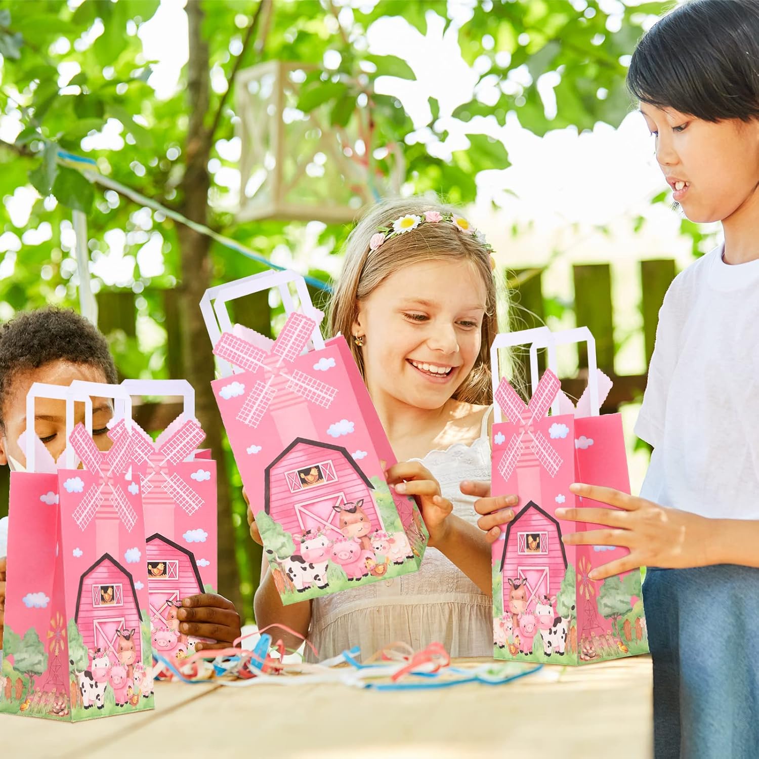 16 Pcs Pink Farm Party Favors Bags Pink Farm Birthday Supplies Decorations Goodie Bags with Handle for Birthday Supplies Decorations - Image 6