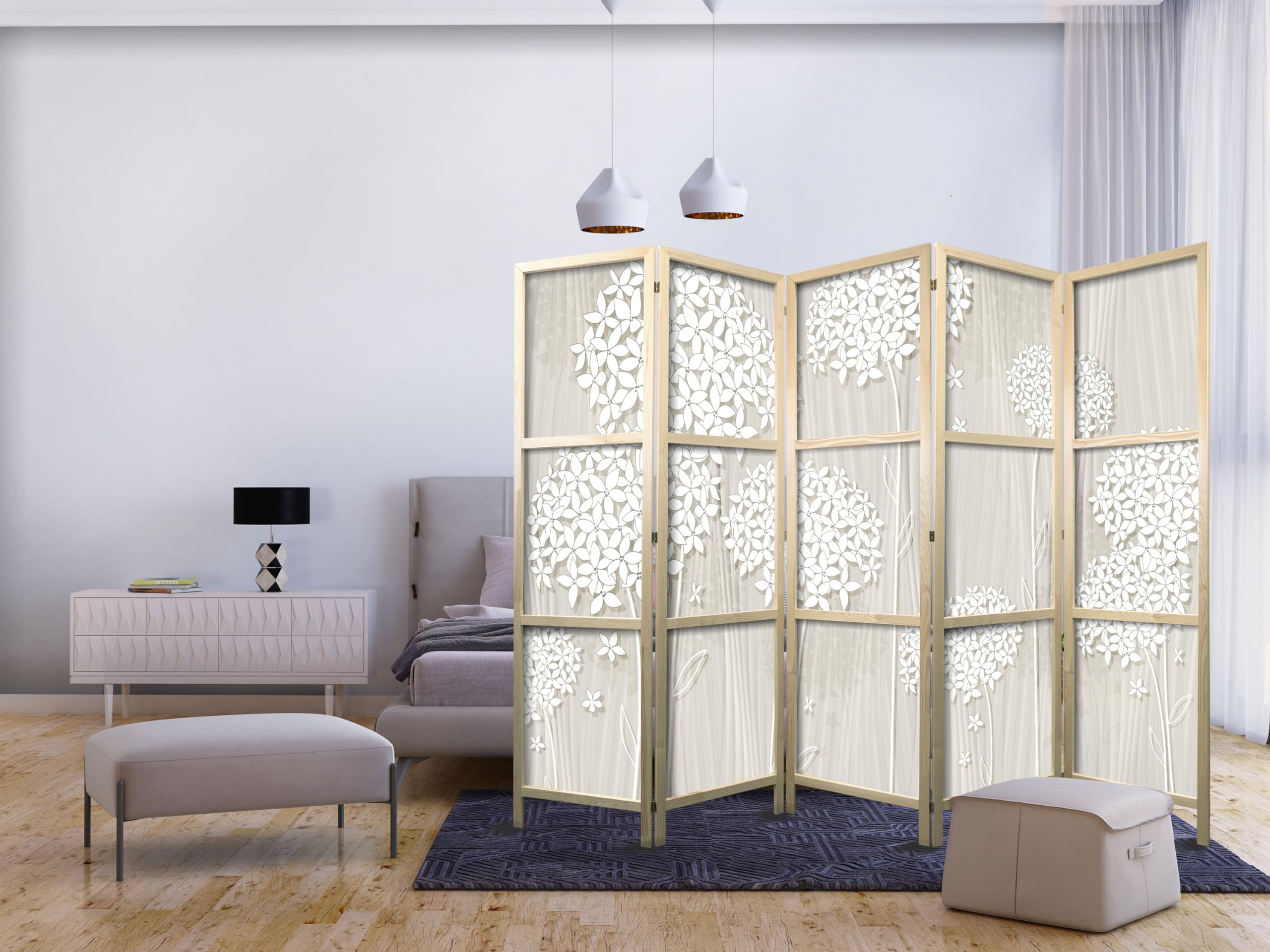 murando - Paravent Intérieur Japonais 225x172 cm - Séparateur de Pièce en Bois Naturel - Paravent Oriental Portable et Pliable - Motif Floral Élégant avec Fleurs Délicates b-B-0278-bh-c