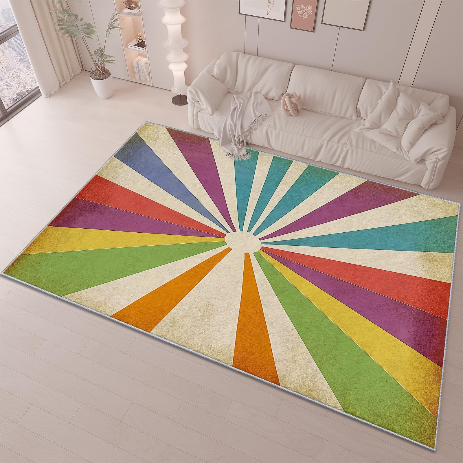 Generico Tappeto Retro Sunburst - Tappetino morbido per soggiorno, ufficio, tappeti decorativi - Tappeti a strisce multicolore nostalgiche 80 cm x 150 cm