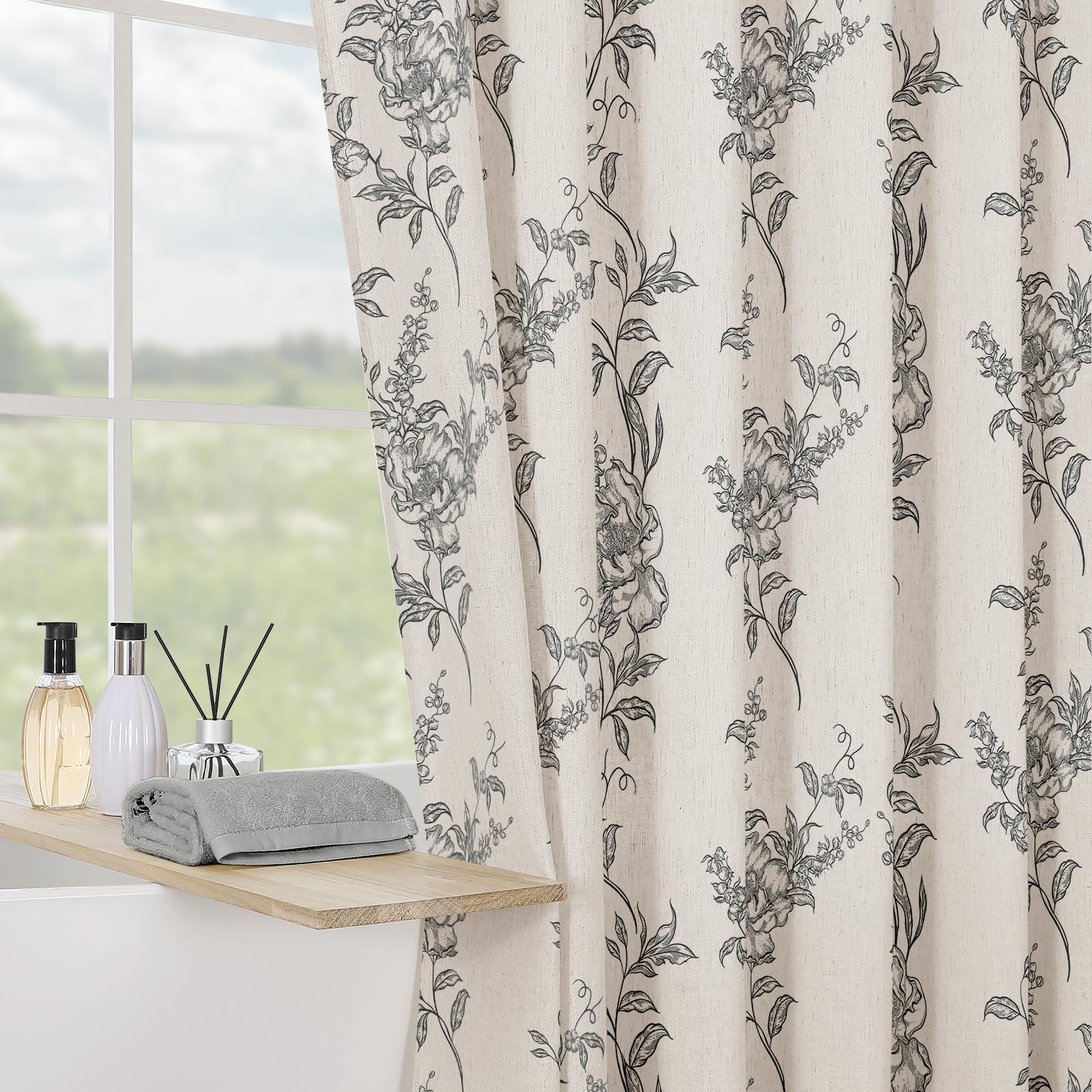 Craidlela Grey Linen Farmhouse Shower Curtain, Vintage Boho Floral Bathroom 72x72