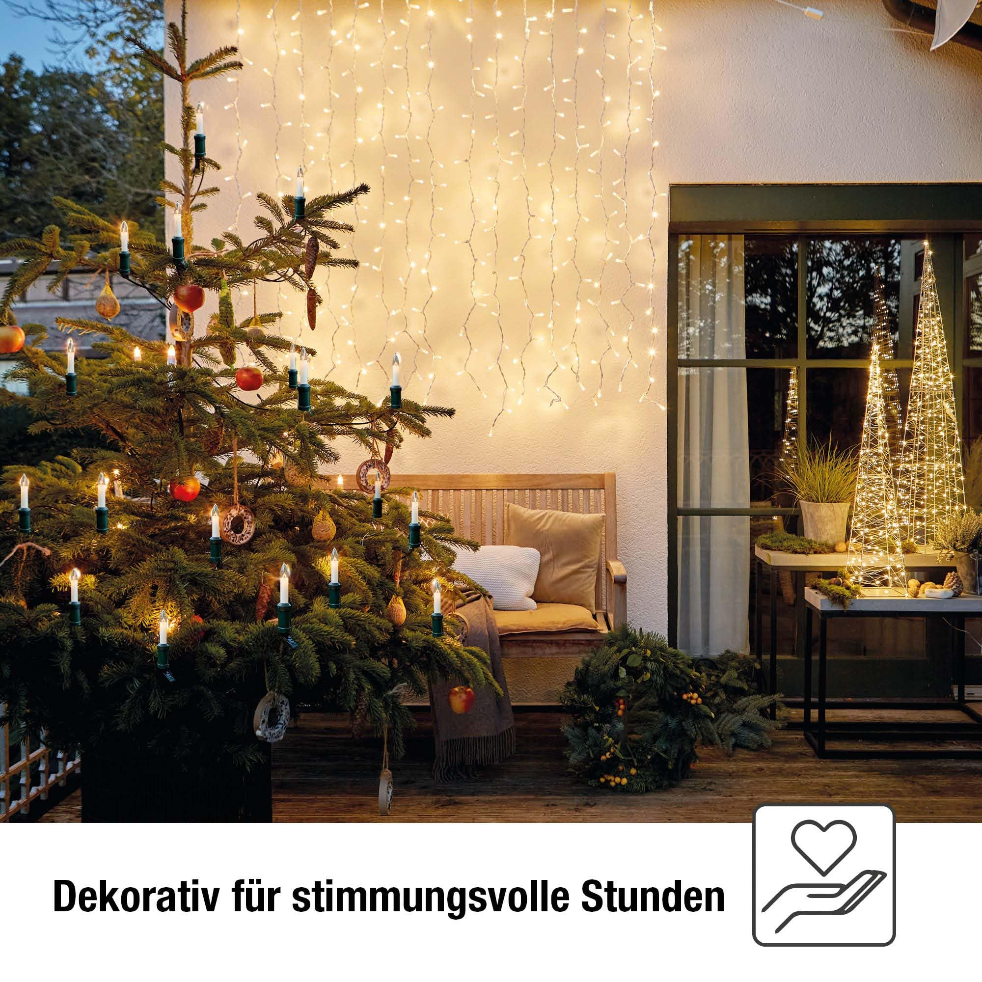 hellum Kerzen Lichterkette mit 20 Lichtern für außen, teilbarer Stecker | Made in Germany warmweiß, Kerzen Lichterkette mit Clip, 19m beleuchtet, Kabel schwarz, inkl. 3 Ersatzkerzen <59lm 430011