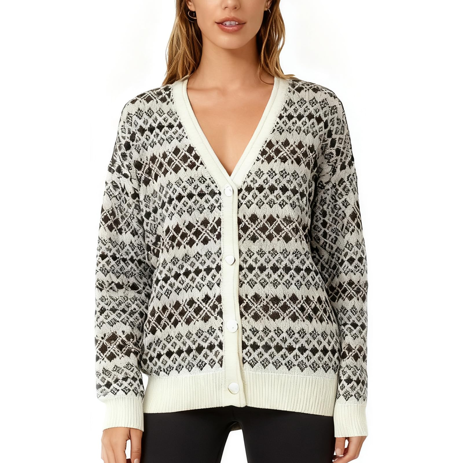 Womens Striped Fair Isle Cardigan Black and White Diamond Knit V-Neck Button Plaid Sweater Cardigans for Women