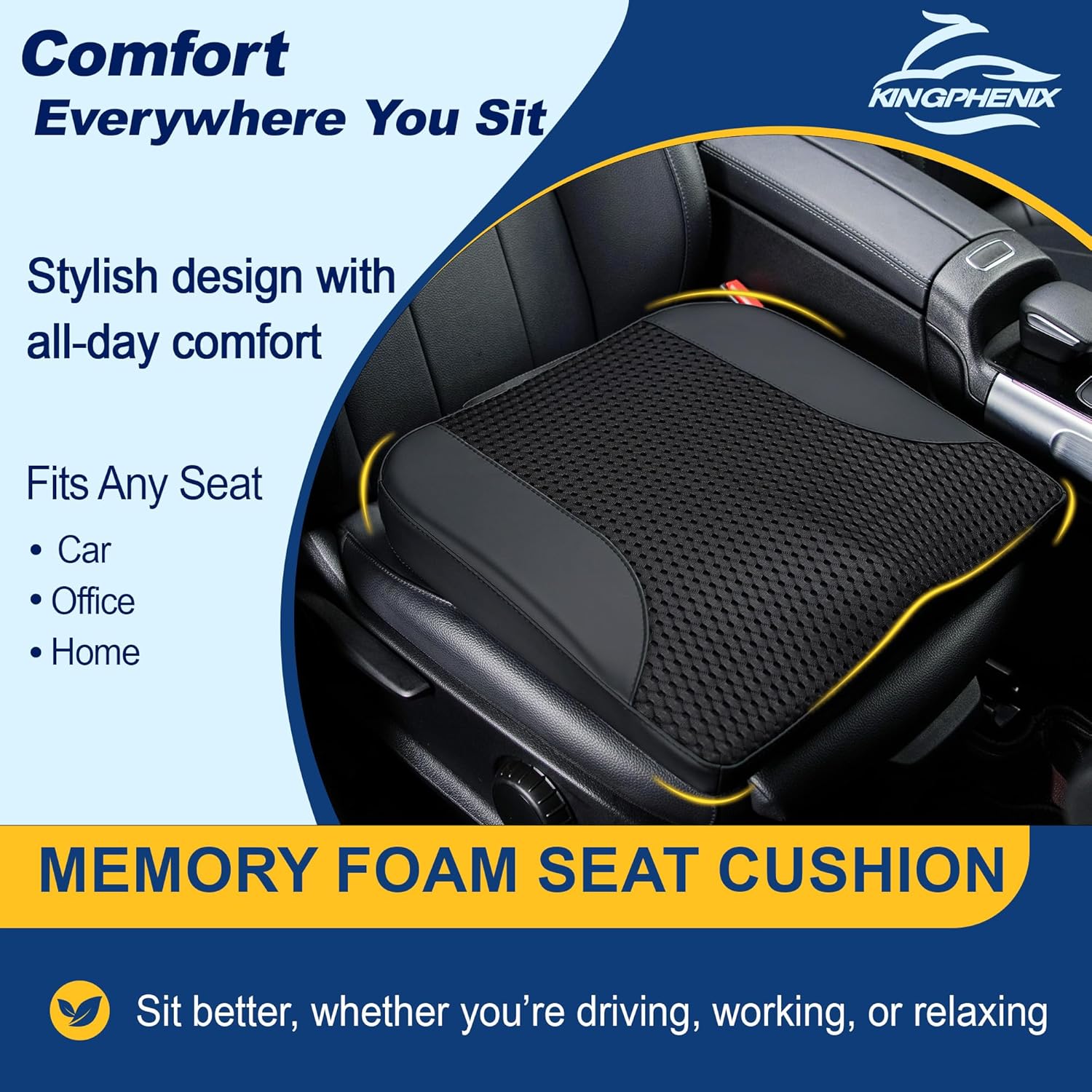 kingphenix Car Seat Cushion – Memory Foam Pad for Driving Comfort – Boosts Height and Relieves Coccyx & Lower Back Pain – Car, Truck, Office Chair (Leather & 4D Mesh Black) - Image 2