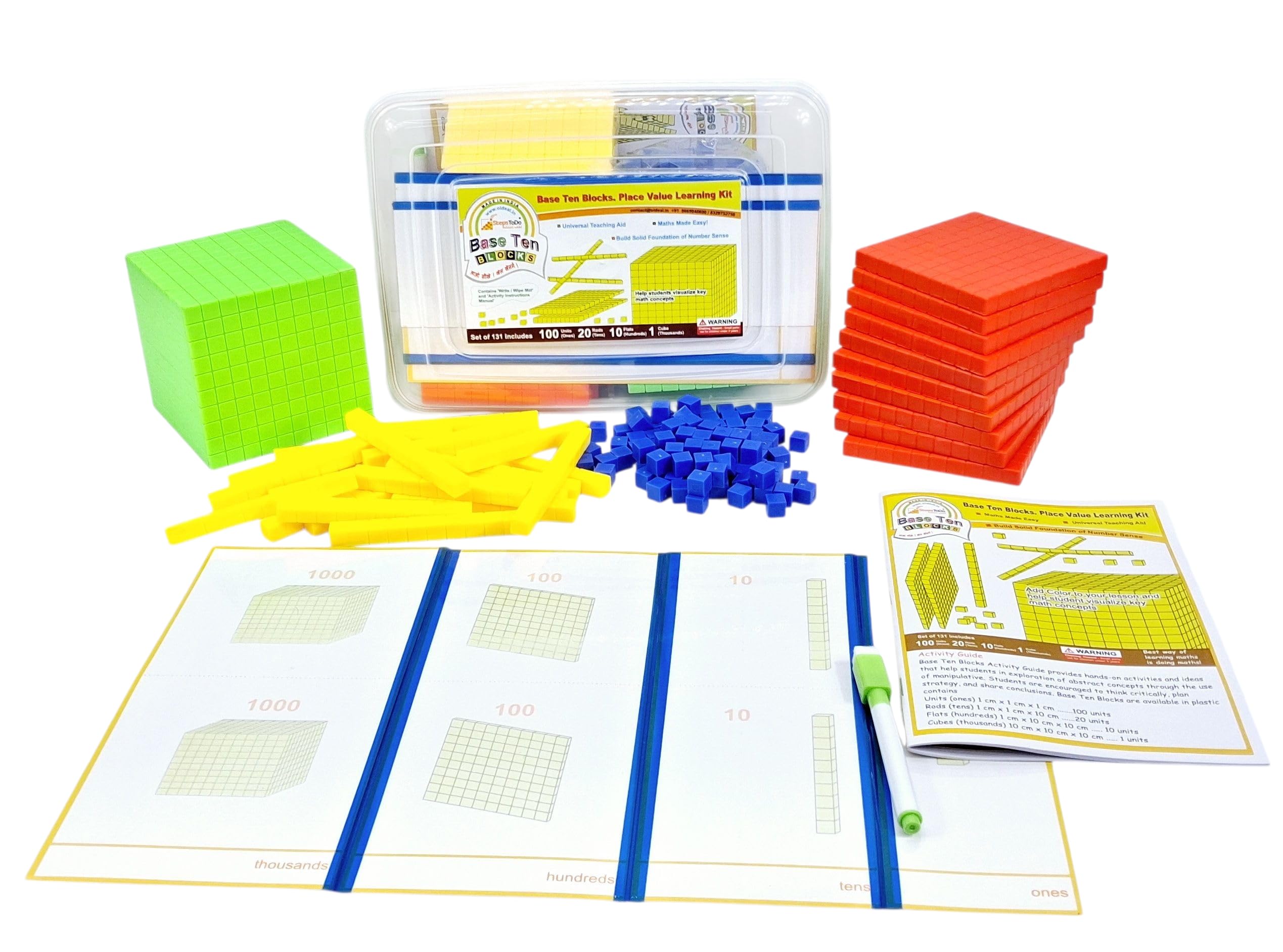 131 Pieces Base Ten Blocks Kit. with Place Value Mat and Activity Booklet. Teaching Aid. Build Solid Foundation of Number Sense and Place Value. Place Value Blocks. (Multi Colour)