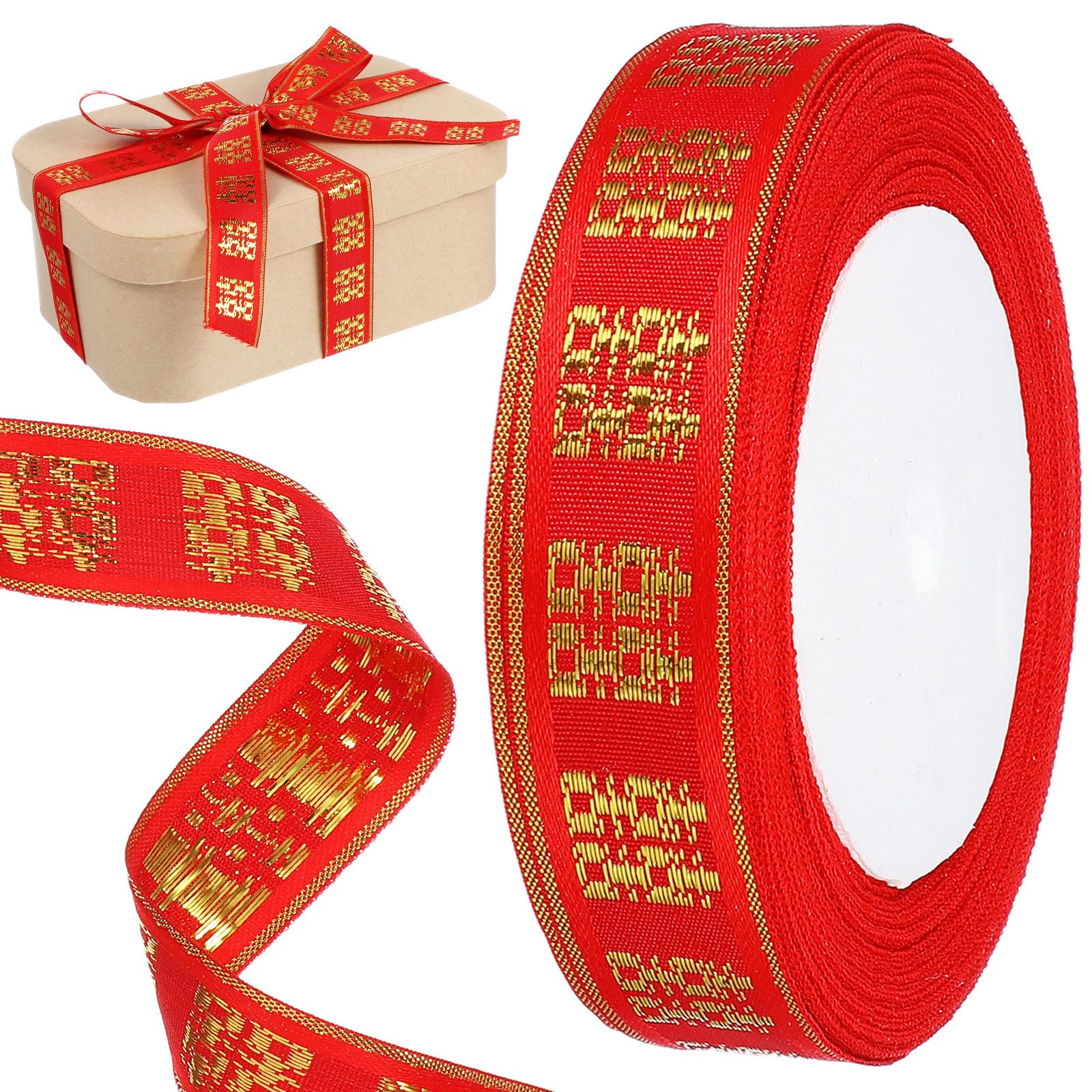 SHINEOFI Chinese Character Wedding Ribbon - Red Double Happiness Silk Decoration for Present Wrapping, Wedding Decor, Chinese New Year Celebrations