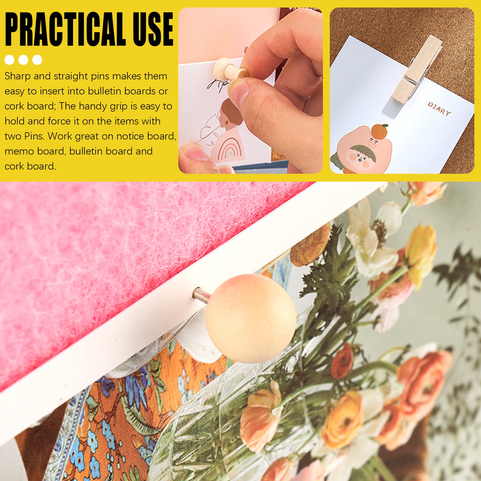 200-Piece Wooden Push Pin Set - 6 Style Thumb Tacks For Bulletin Boards & Office Use