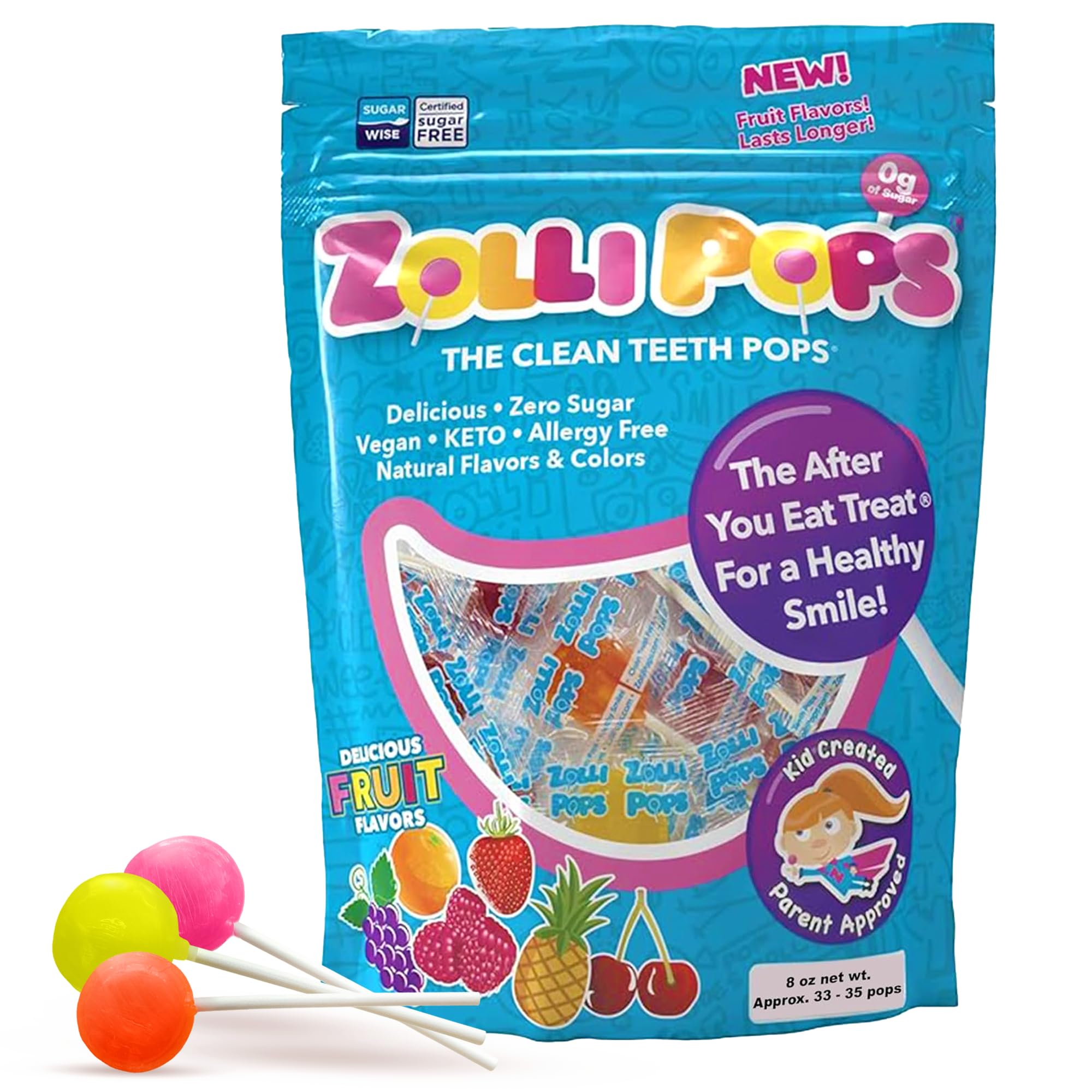 Clean Teeth Pops Sugar Free Candy with Xylitol, Dye-Free Lollipops - Keto & Diabetic-Friendly, Dentist-Approved Treats for Kids (Natural Fruit Flavors, 8 oz)
