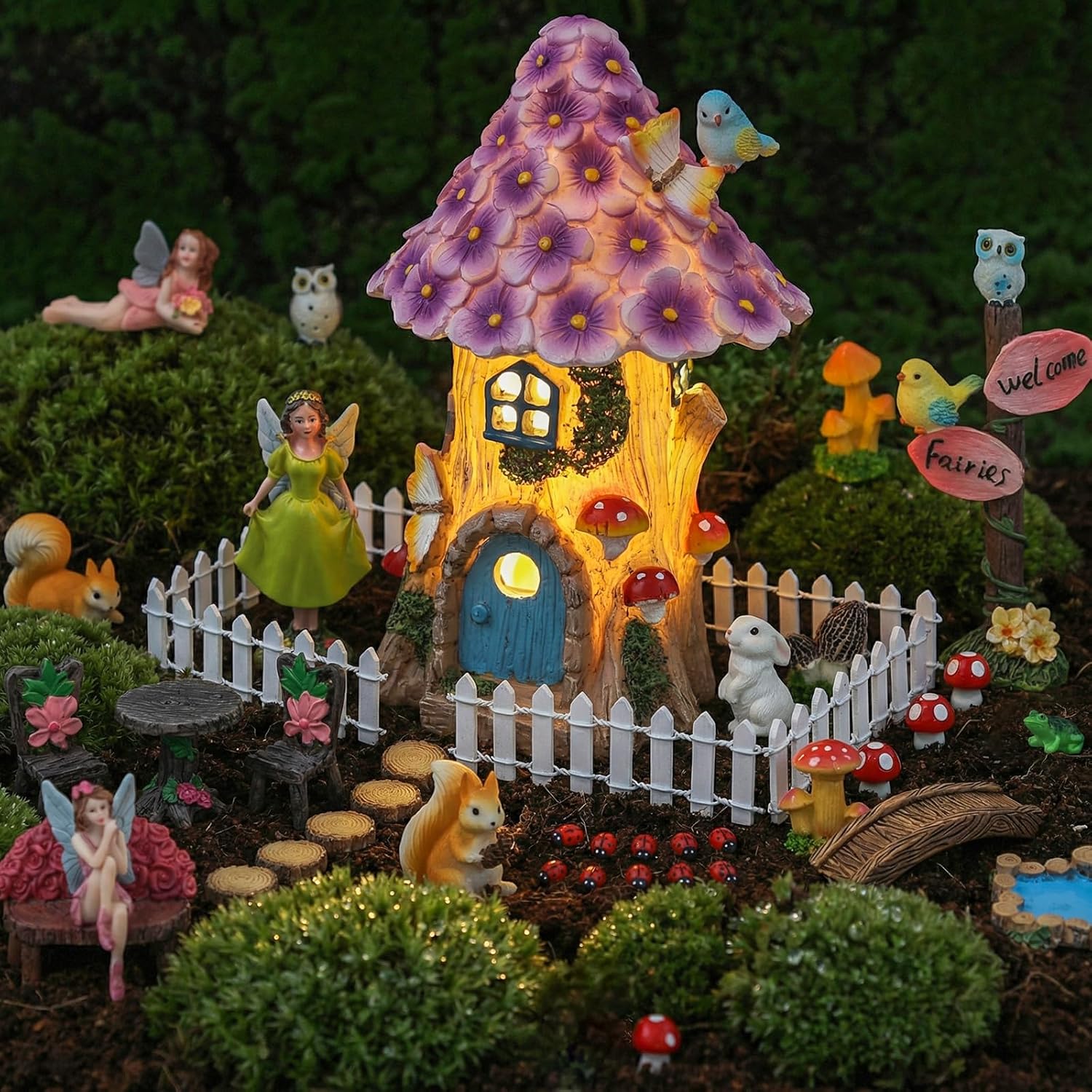 60 Pcs Solar Fairy Garden House Resin Kit with Lighted Cottage Miniature Fairy Garden Accessories Set for Outdoor Patio Yard Planter Decor DIY Fairy Garden Kit (Fairy)