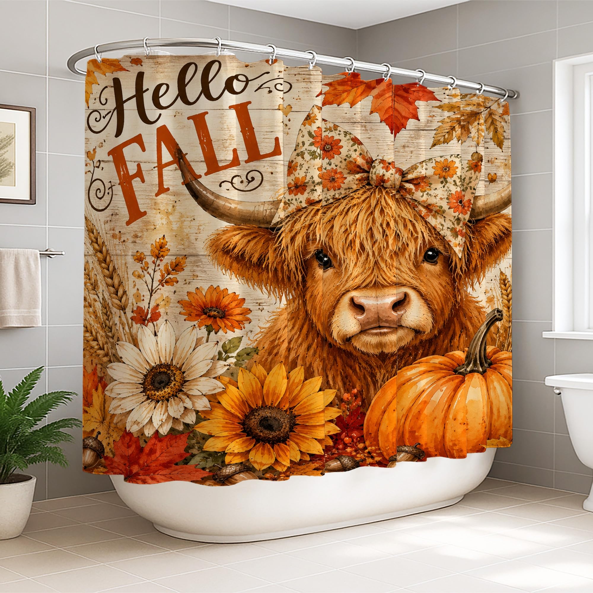 Rideau de douche motif vache et tournesol orange style rustique chic