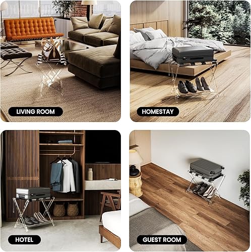 Miniatura 7 de Sumerflos Portaequipajes de acrílico para habitación de invitados, soporte plegable transparente de lujo con estante de almacenamiento acrílico y