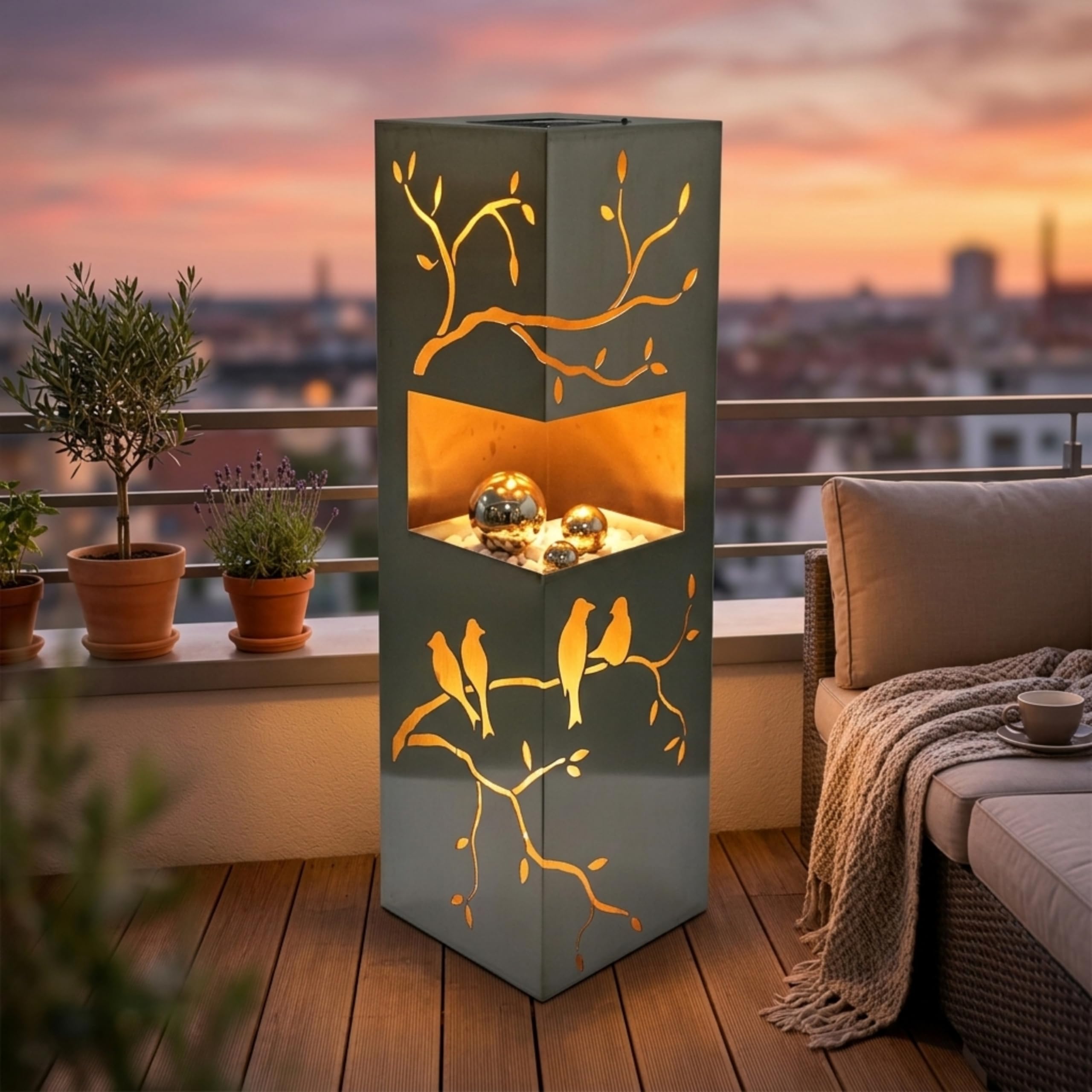 Solar LED Dekosäule 25 LEDs – Gartendeko für draußen wetterfest | Zweige-Motiv mit Schattenspiel – Deko Haustür & Solarleuchten Garten aus Edelstahl Silbergrau 100cm hoch Deko Garten & Terrassen