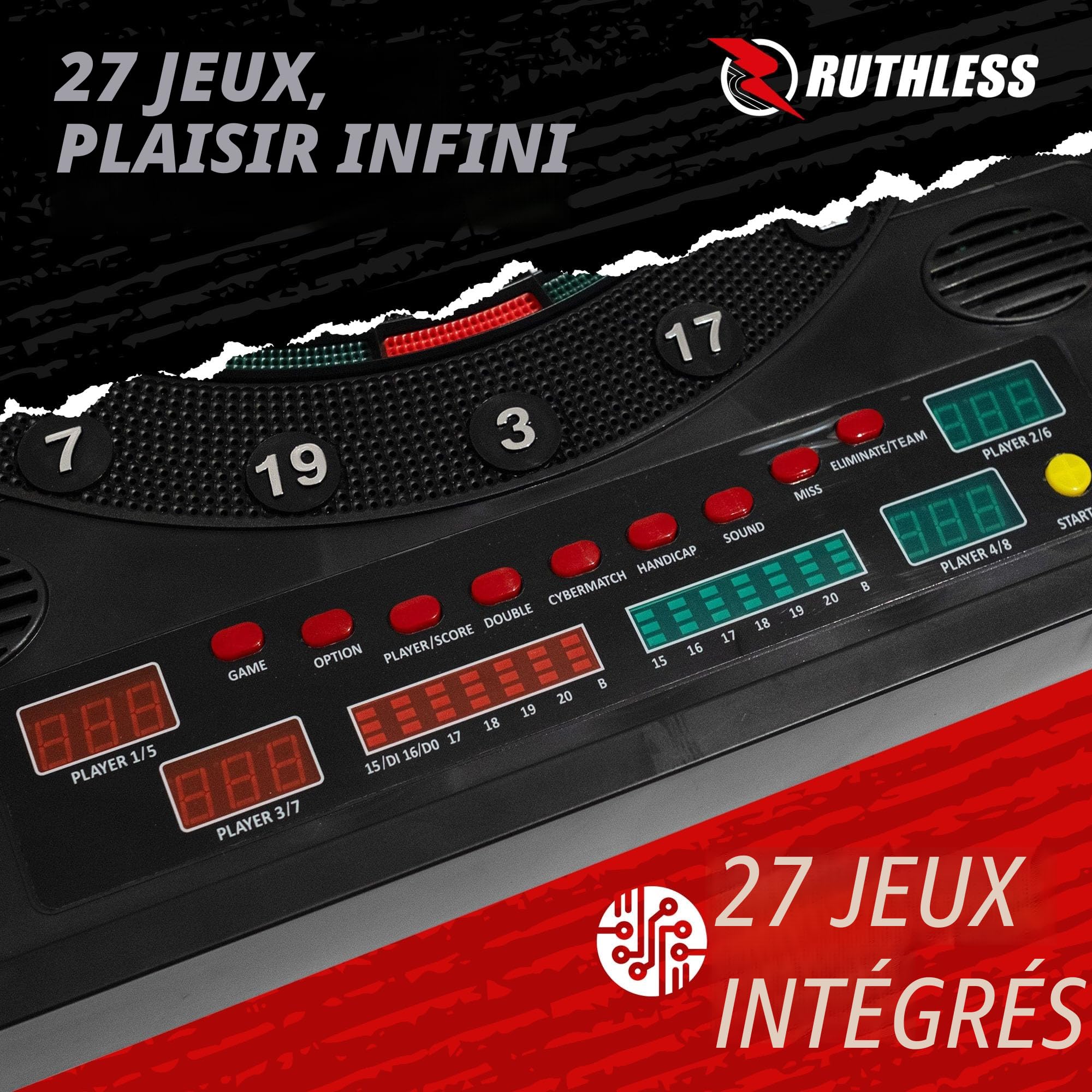 Ruthless - Ruthless R500 Tableau de fléchettes électronique dans le meuble – pointe souple – 4 sets de fléchettes inclus – 8 joueurs – 27 jeux